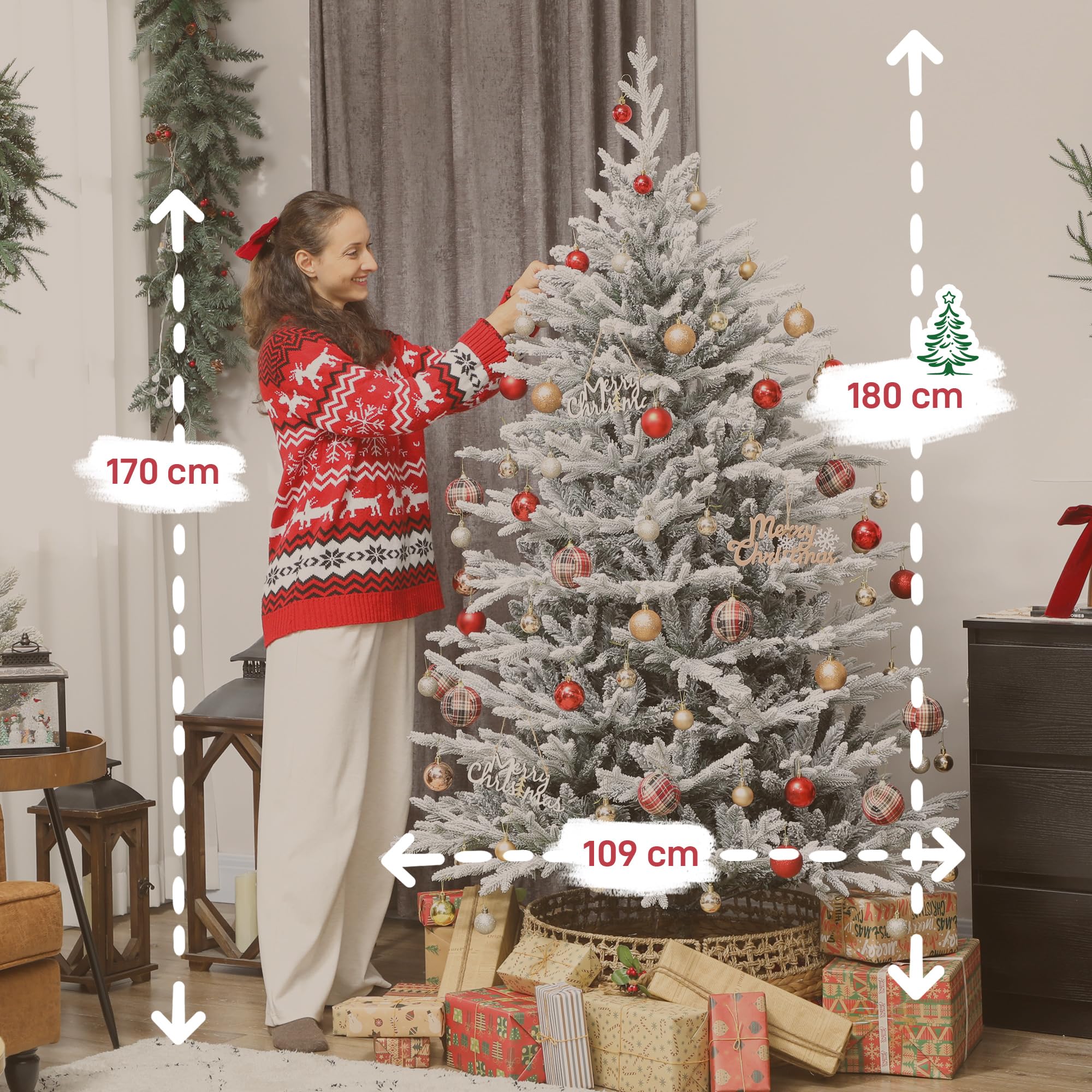 HOMCOM Künstlicher Weihnachtsbaum 180 cm Mit Schnee, 1976 Spitzen | Künstlich Tannenbaum, Christbaum Weihnachtsdeko, Inkl. Klappbar Metallständer, Für Drinnen