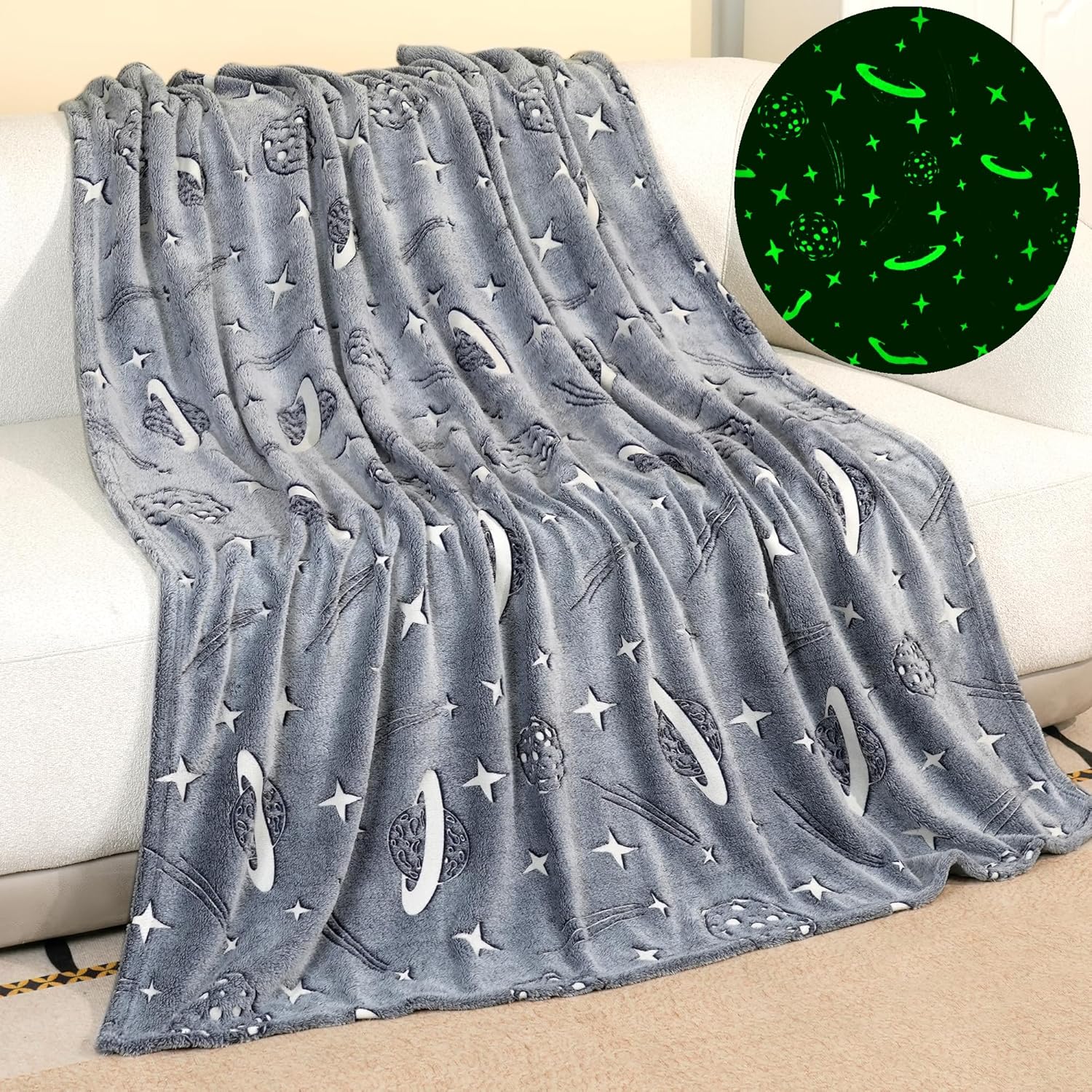Space Blanket Super Soft Glow in The Dark Planets and Stars Throw Lightweight Glowing Bed Blankets Gifts for Kids Adults Couch Bed (48"x 60", Glow Space) - Image 8