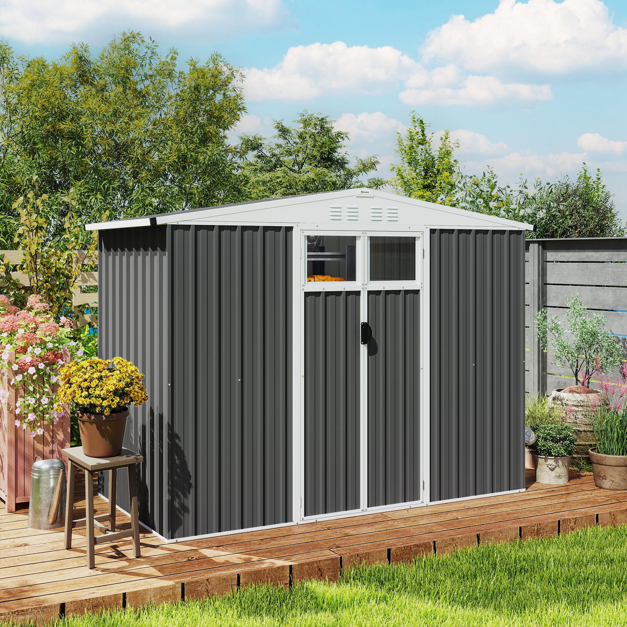 Outsunny Casetta da Giardino 2.7m² in Acciaio Zincato con 4 Prese d'Aria e 2 Finestre Trasparenti, Capanno Porta Attrezzi con Tetto Inclinato, Doppio Porte Bloccabili con Chiavi e Guanti Grigio Scuro