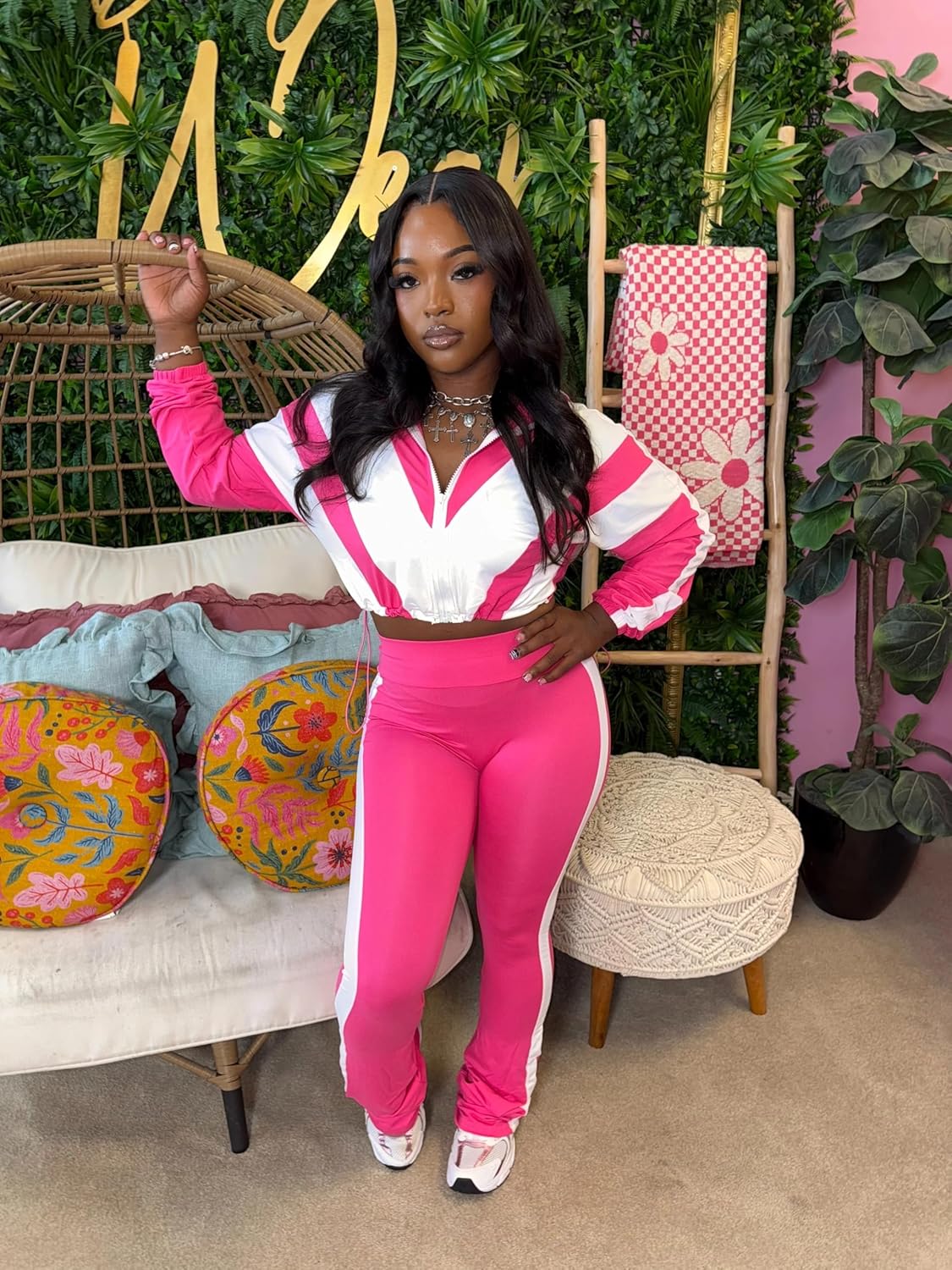 Vssjavun Women 2 Piece Outfit Color Block Long Sleeve Zip Drawstring Cropped Jacket Bodycon Long Pants Set Sweatsuit - Image 3