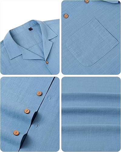 Vista 5 de Alimens & Gentle Men's Linen Shirts Short Sleeve Button Down Shirts Casual Summer Beach Cotton Hawaiian Shirt for Men