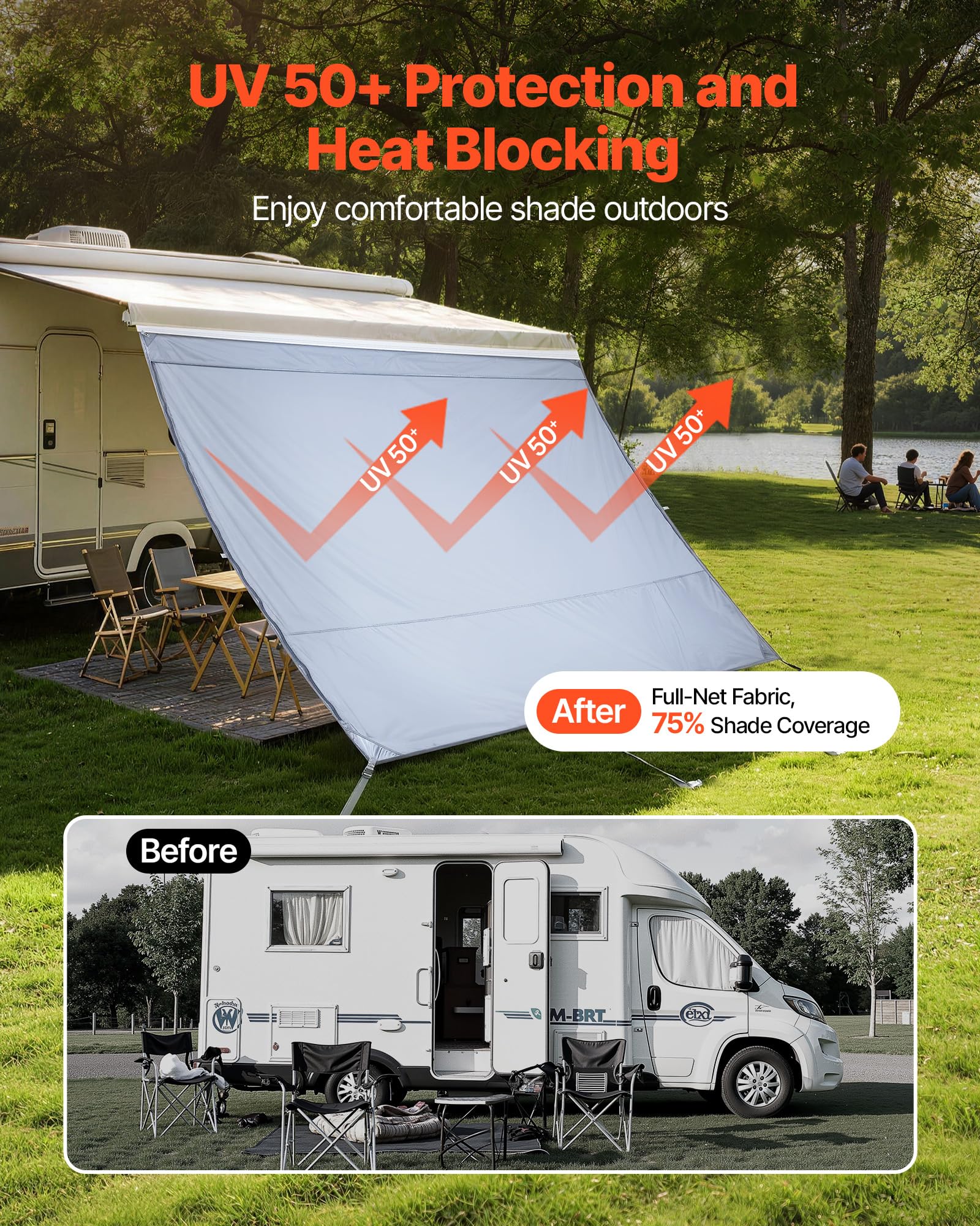 VEVOR Paroi Avant pour Store de Camping-Car 2x2,8 m, Façade de Store Compatible avec Auvent 3 m, Pare-Soleil Caravane Voyage, avec Couverture Zippée en PU UV50+, Maille Polyester Double Couture