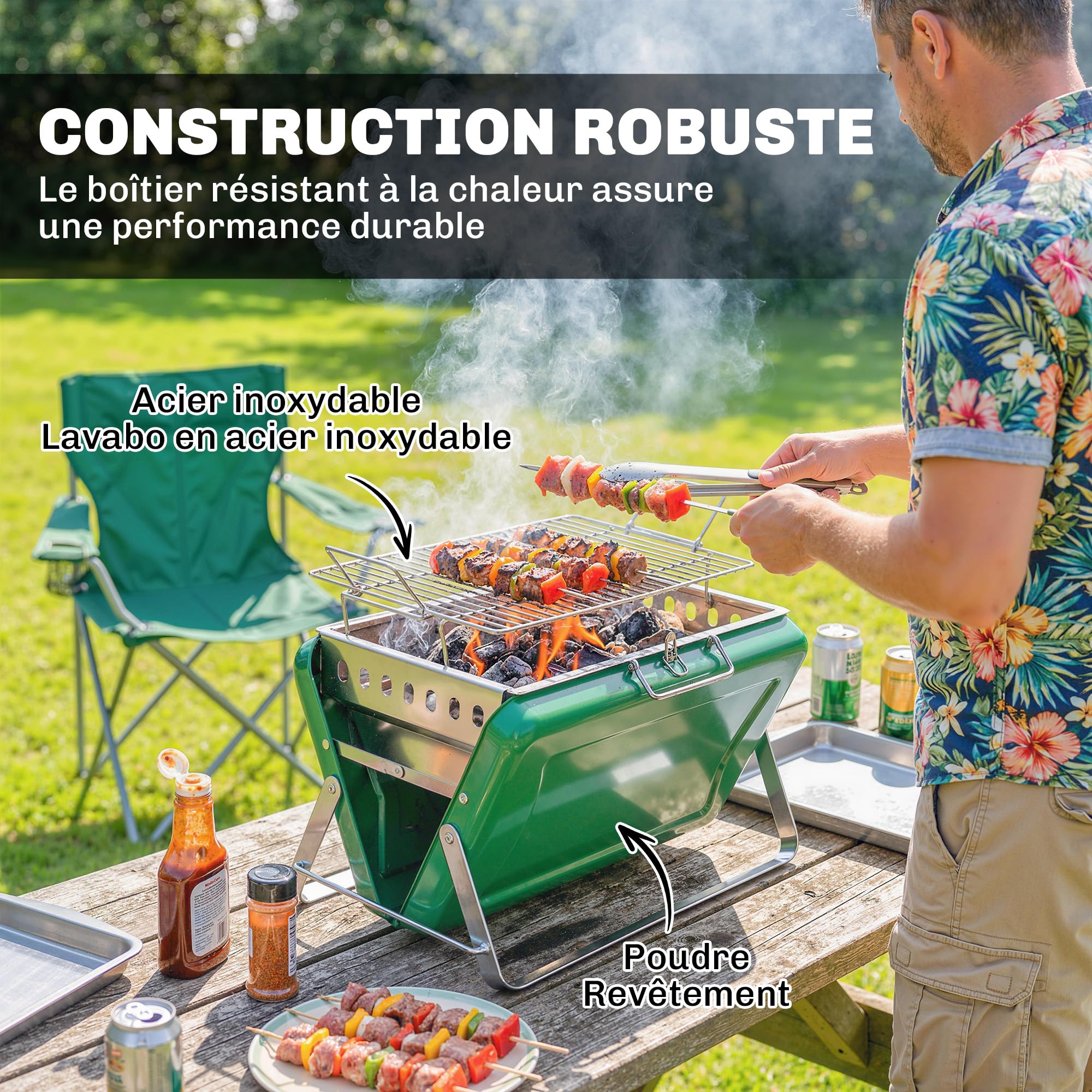 Outsunny Barbecue au Charbon de Bois Pliable Barbecue Portable Vert Foncé