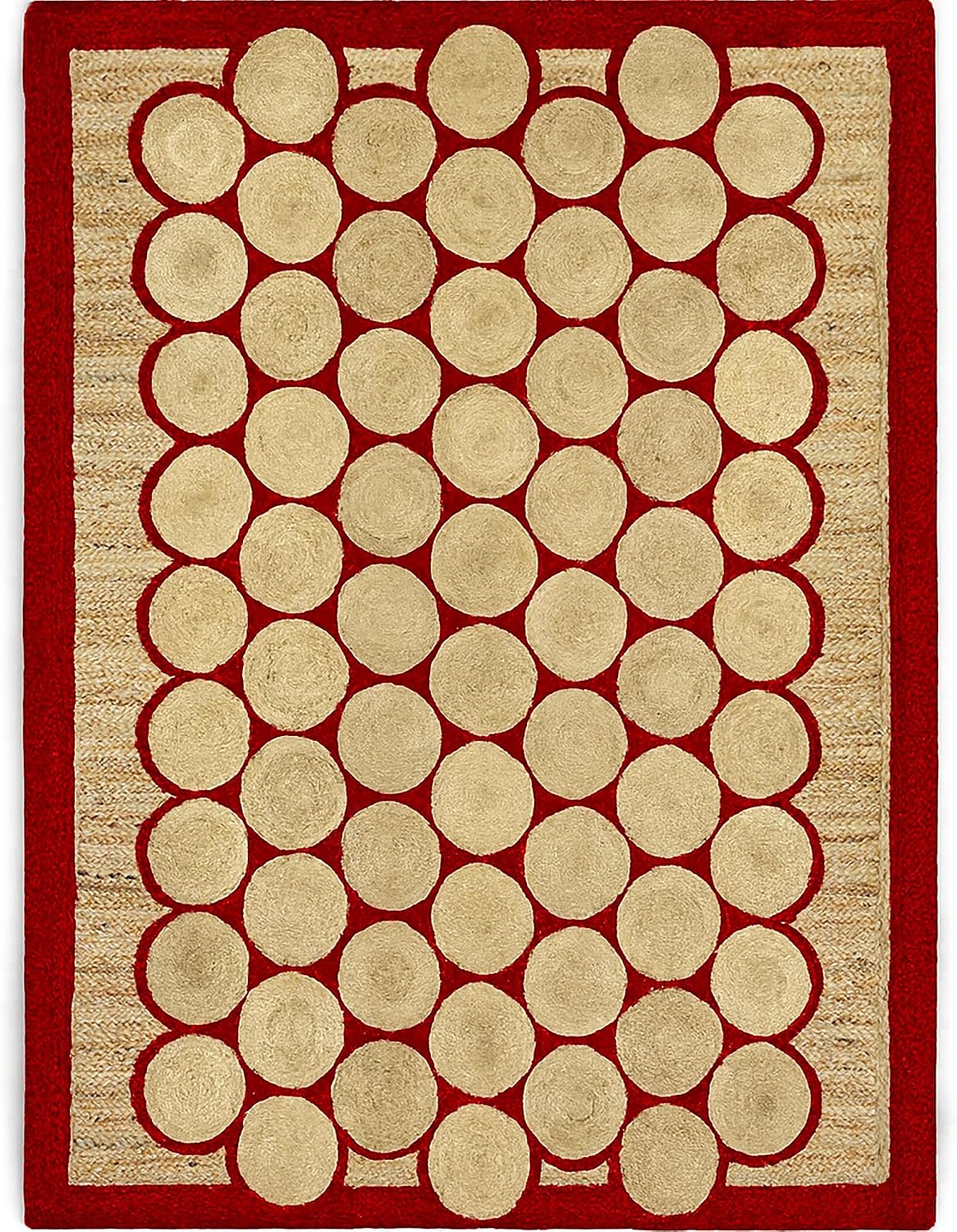 Natural Jute Area Rug 12x15 Hand Briaded Boho Rug Thick 0.27" Red Border Circular Pattern Geometric Rugs for Living Room Rustic Vintage Bohemian Décor Outdoor Carpet