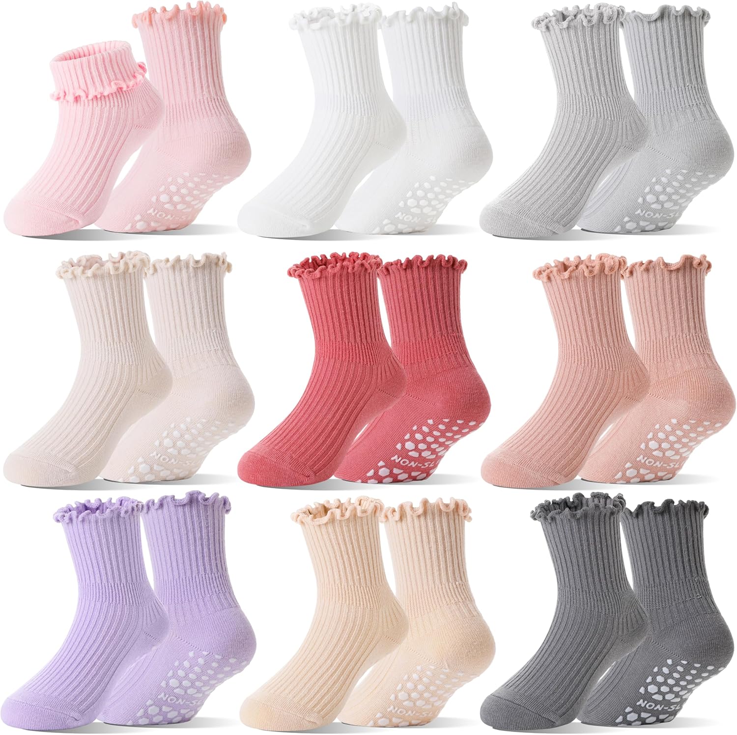 Baby Girls Toddlers Ruffle Grip Socks Uniform School Dress Anti Slip Non Skid Frilly Breathable Crew Cotton Socks 9 Pairs