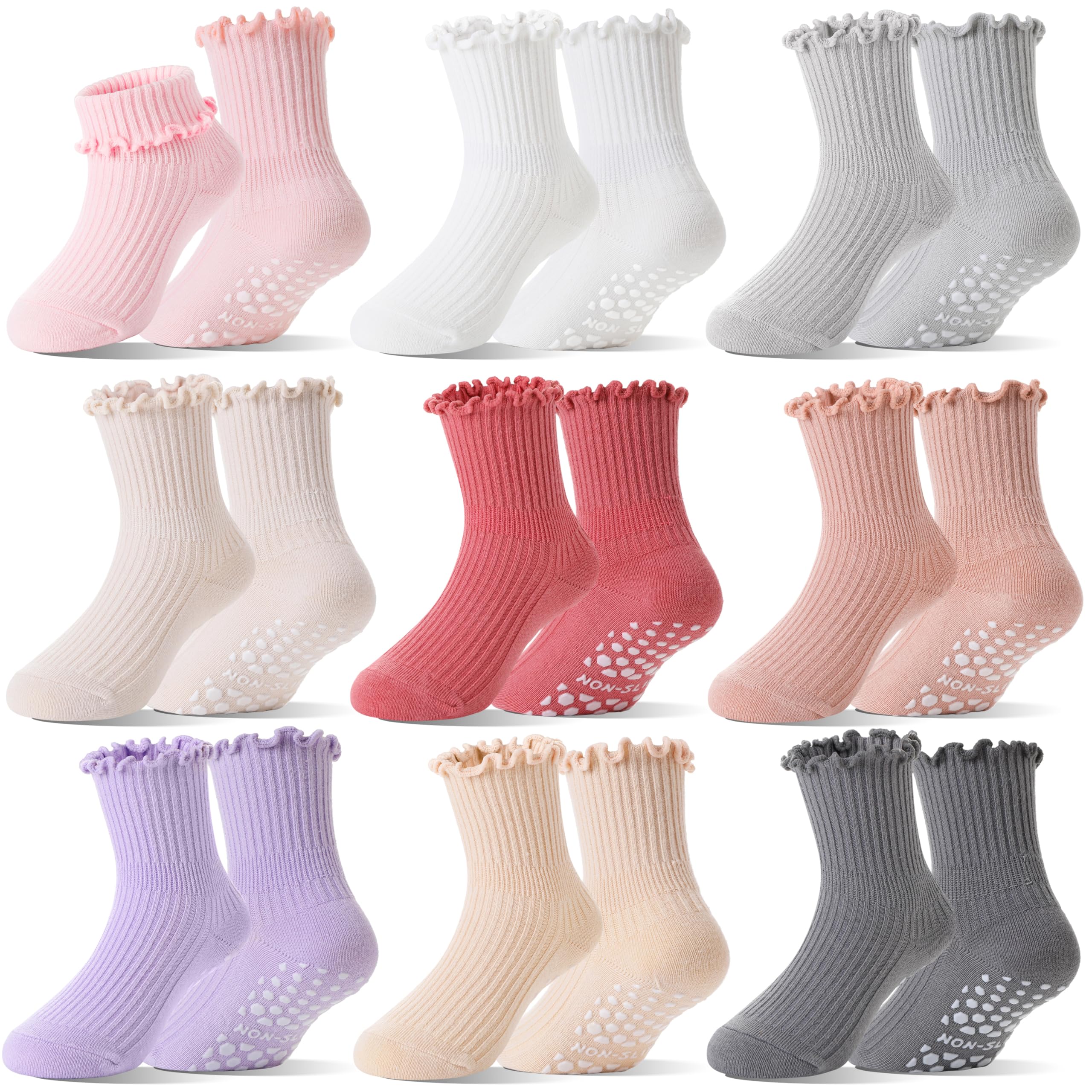 Welwoos Stoppersocken Kinder Rüschen Baumwolle Socken für Baby Mädchen, Antirutschsocken Kinder Socken 9 Paar