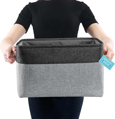 Vista 34 de OrganiHaus - Canastas de almacenamiento estrechas, 15 x 06 pulgadas, pequeñas, para estantes, armarios, baños, organizador de tela con asas, Beige