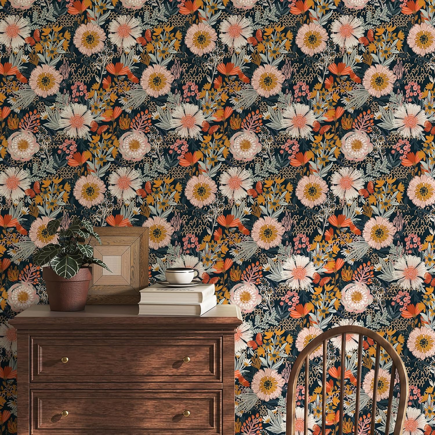 Simon&Siff Boho Peel and Stick Wallpaper Vintage Floral Wall Paper Navy/White/Orange/Pink 17.7 x 400in Removable Contact Paper for Bedroom Cabinets Shelf Drawers Renter Friendly