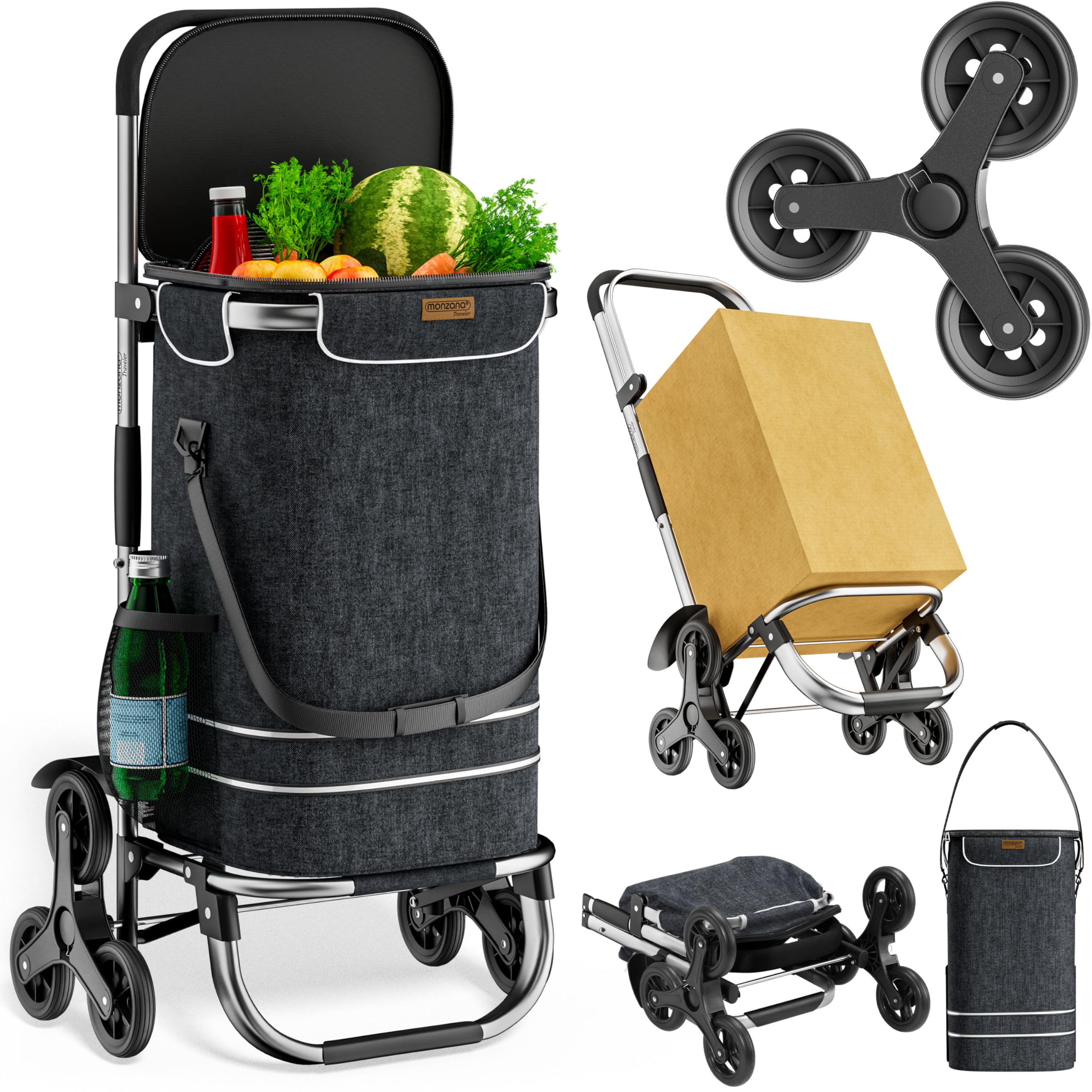 MONZANA® Chariot de courses noir 56 litres 3 en 1 pliable compartiment isotherme 6 roues bandes réfléchissantes