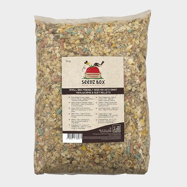 SeedzBox Wild Bird Food Seed Feed Mix with Suet Pellets For Small Garden Birds, Deluxe Grains & Nuts, No Filler Ingredients, Natural Food for Wrens, Robins & Finches, 2kg Bag