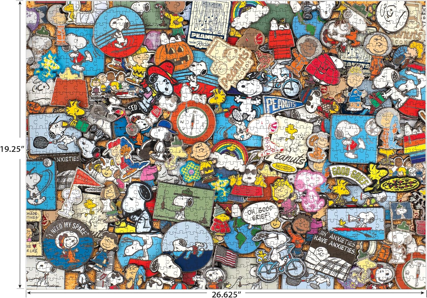 RoseArt - Peanuts - Peanuts Pins - 1000 Piece Jigsaw Puzzle for Adults - Snoopy, Charlie Brown & Woodstock Collectible Collage – Vibrant Peanuts Artwork – 26.625 x 19.25 Inches