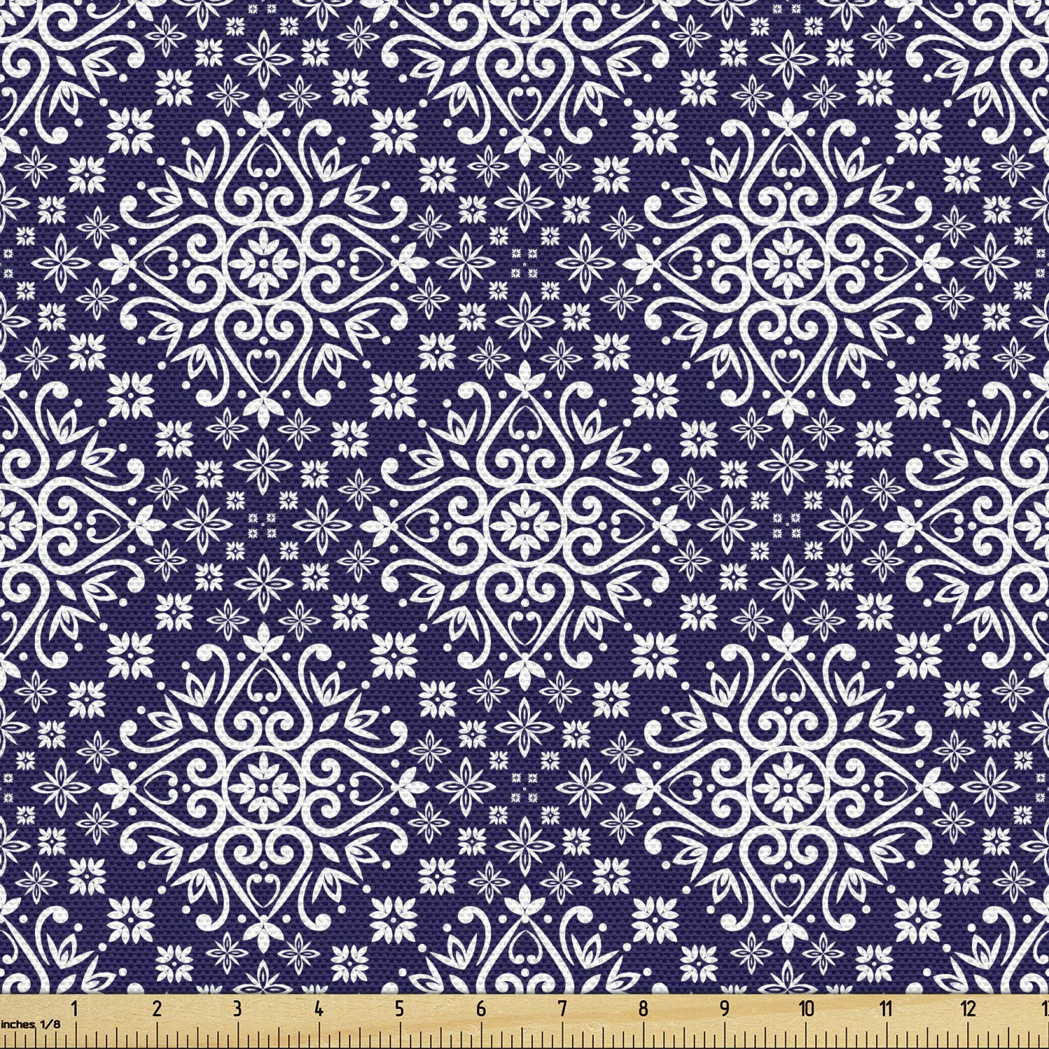 Lunarable Royal Blue Fabric by The Yard, Antique Moroccan Style Exotic Orient Inspired Ceramic Pattern Print Art, Decorative Fabric for Upholstery and Home Accents, 3 Yards, Indigo and White