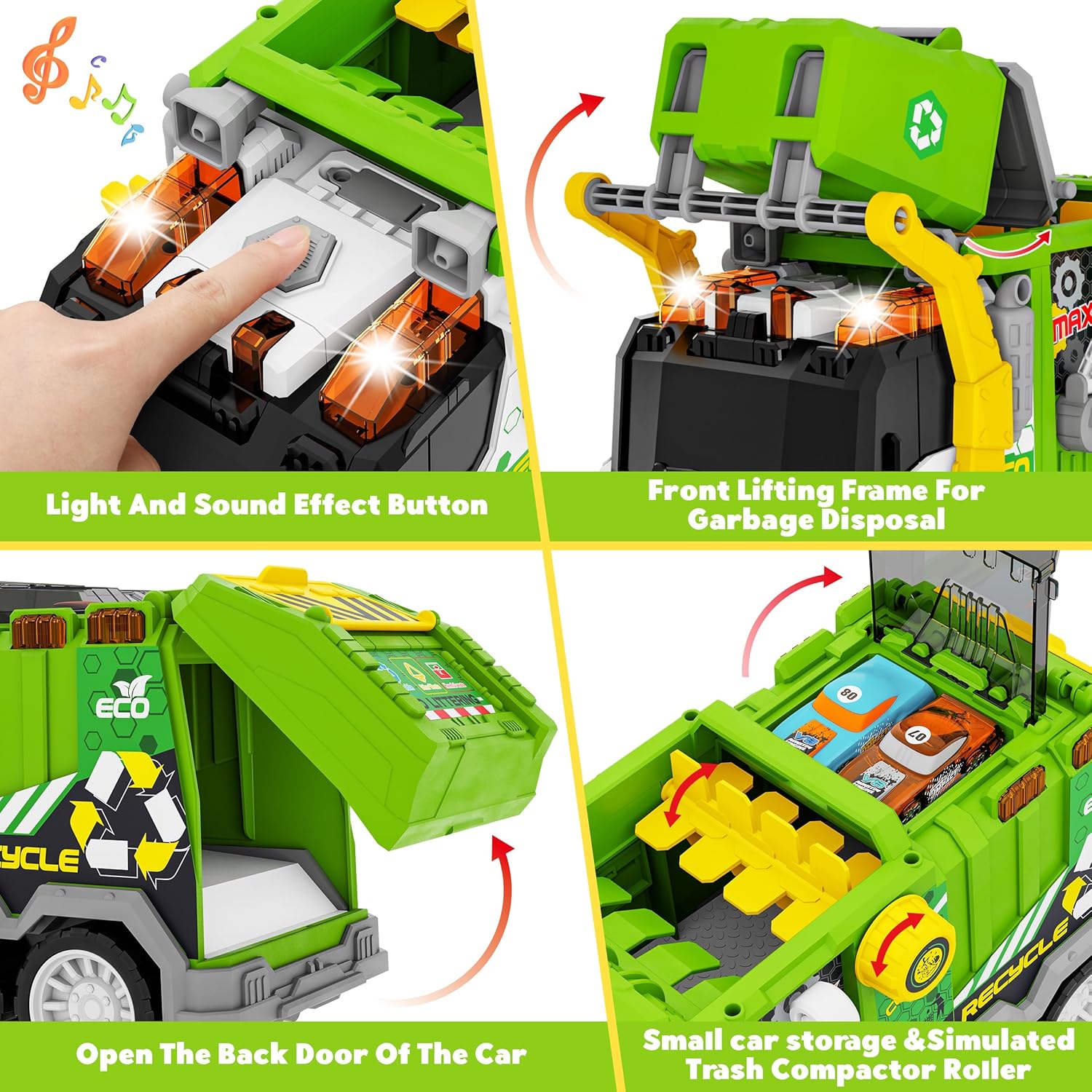 Hony Large Friction Powered Garbage Truck Toy Set with Effect Sound, Includes Dumpster, Trash Bins, 2pcs Ejecting Race Cars, Birthday Gifts for Age 3 4 5 6 7 8 Year Old Boys Kids