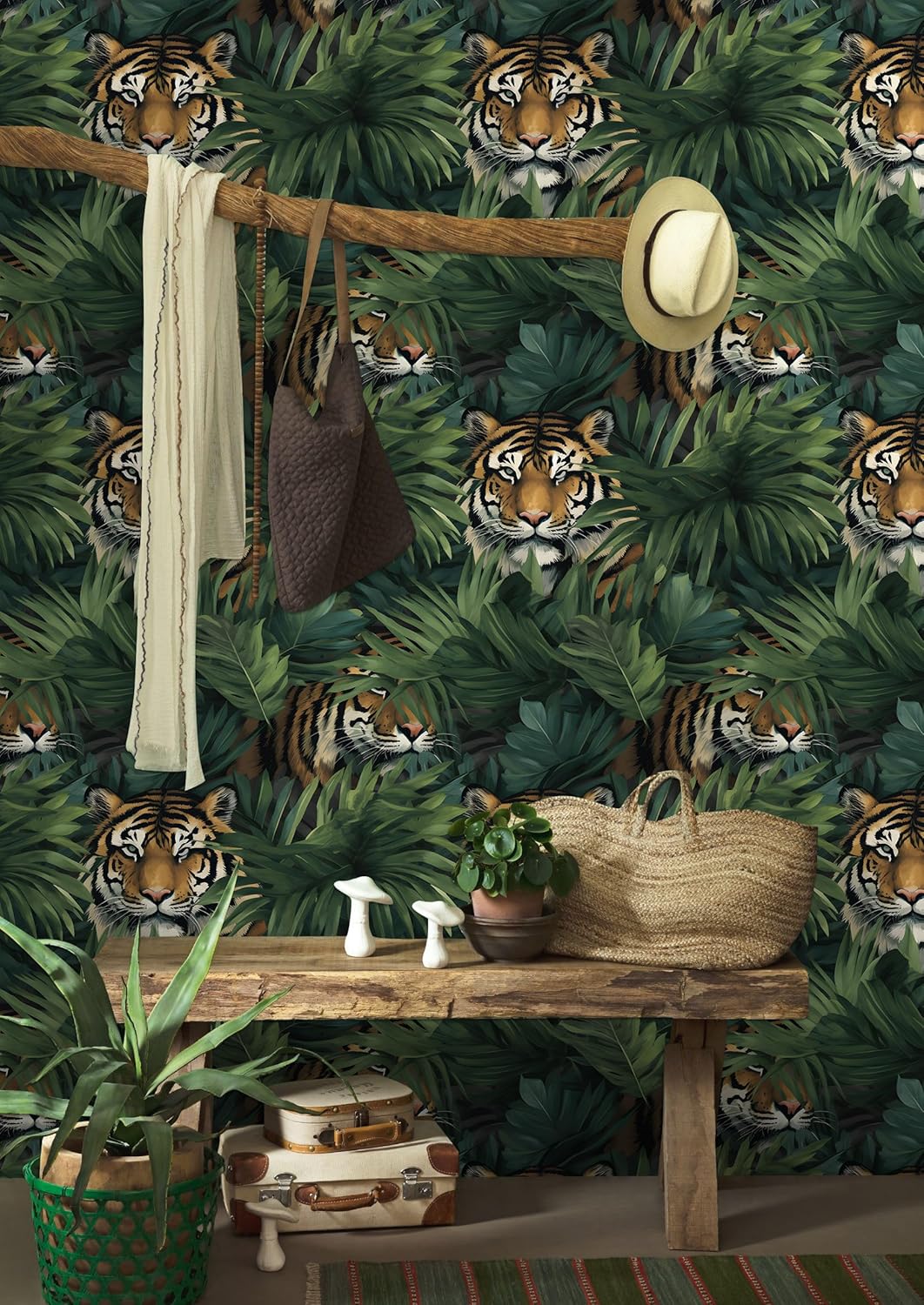 HAOKHOME Tropical Peel and Stick Wallpaper Jungle Tiger Leaf Plam Animal Removable Stick on Contact Paper for Home Decor Green/Brown 17.3in x 9.8ft