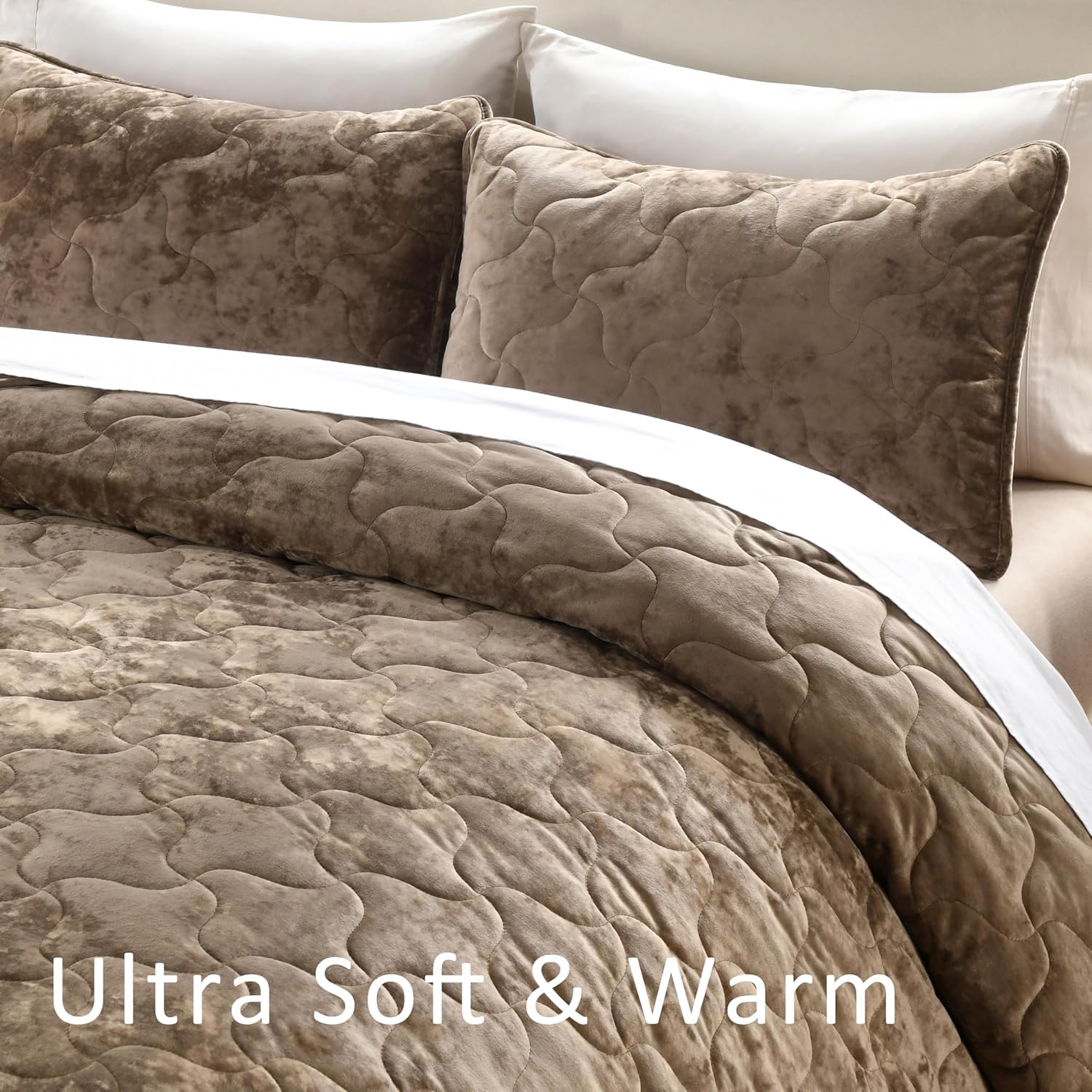 Homzard Luxury Velvet Quilt Set King Size Bedding, Mocha Brown Comforter Set, Ultra-Soft Striped Channel Stitch All Season Comforter, Thermal Bedspread Coverlet with 2 Pillow Shams - Image 4
