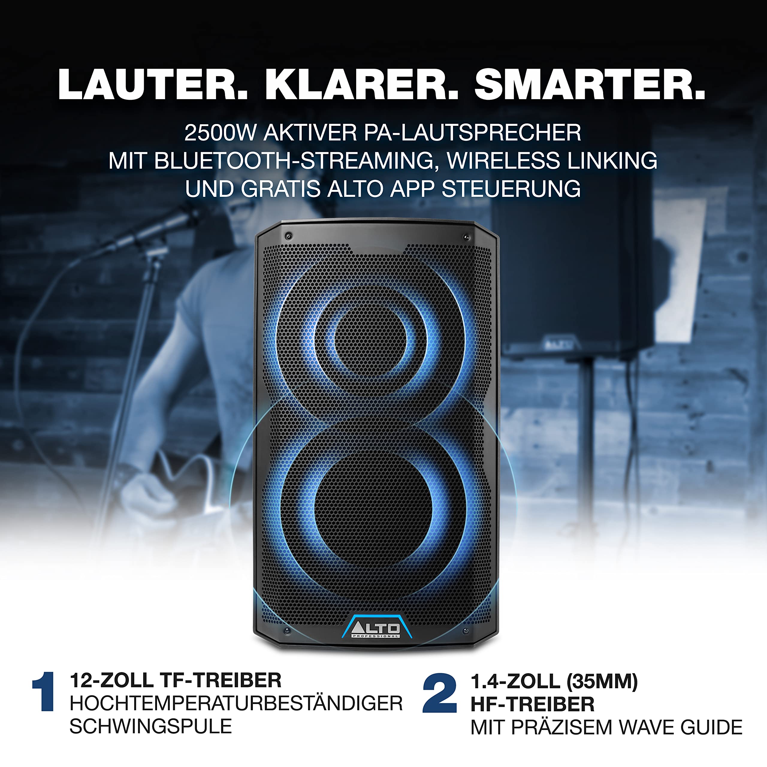 Alto Professional TS412 - 2500W 12" Aktiver PA-Lautsprecher mit 3-Kanal Mixer, Bluetooth-Streaming, Drahtloser Lautsprecherkopplung, DSP und Schutzhülle