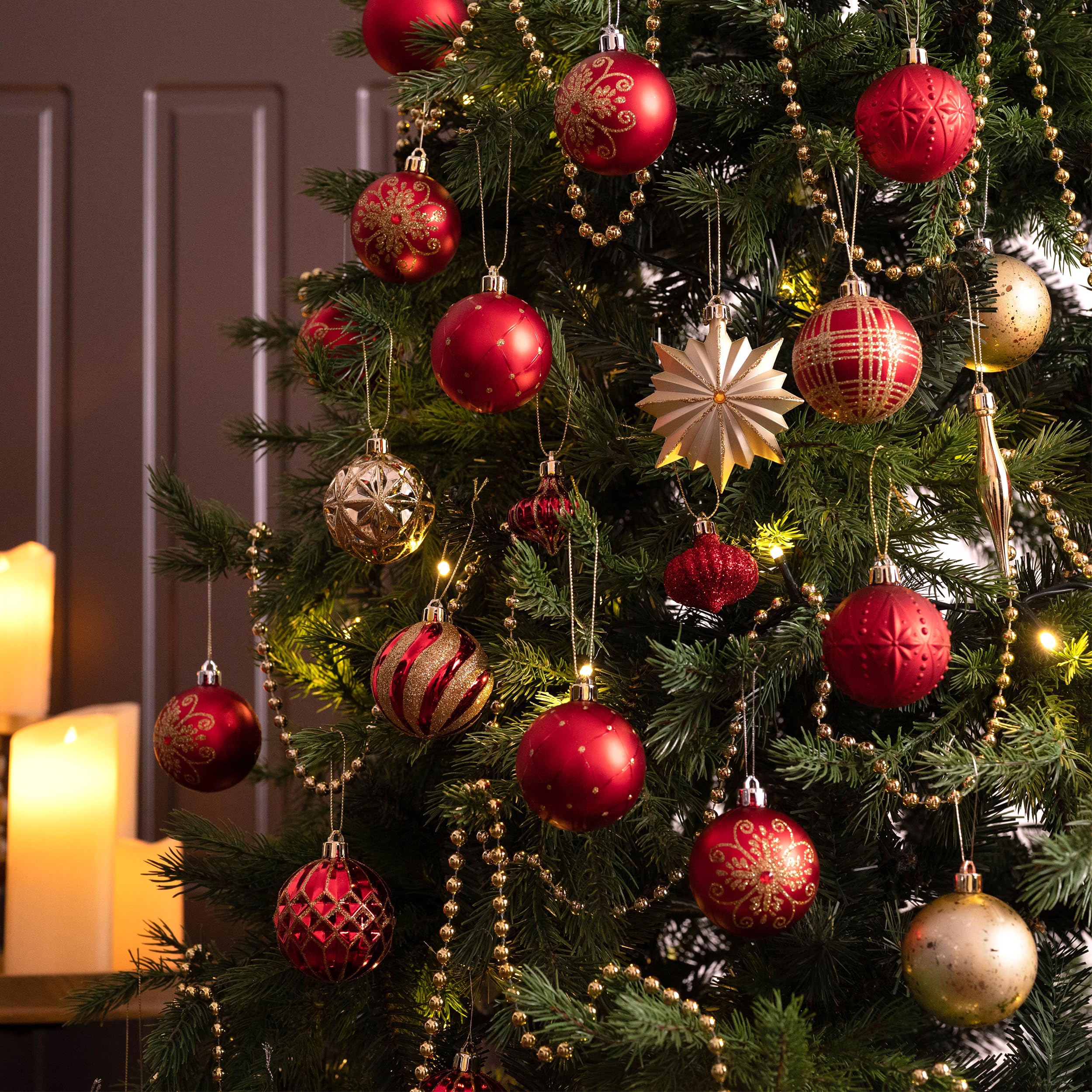 Valery Madelyn Weihnachtskugeln 70 Stück Kunststoff Christbaumkugeln,Christbaumschmuck hängend Glänzend Glitzernd Matt Weihnachtsbaumschmuck Dekoration Thema Rot Gold(L)