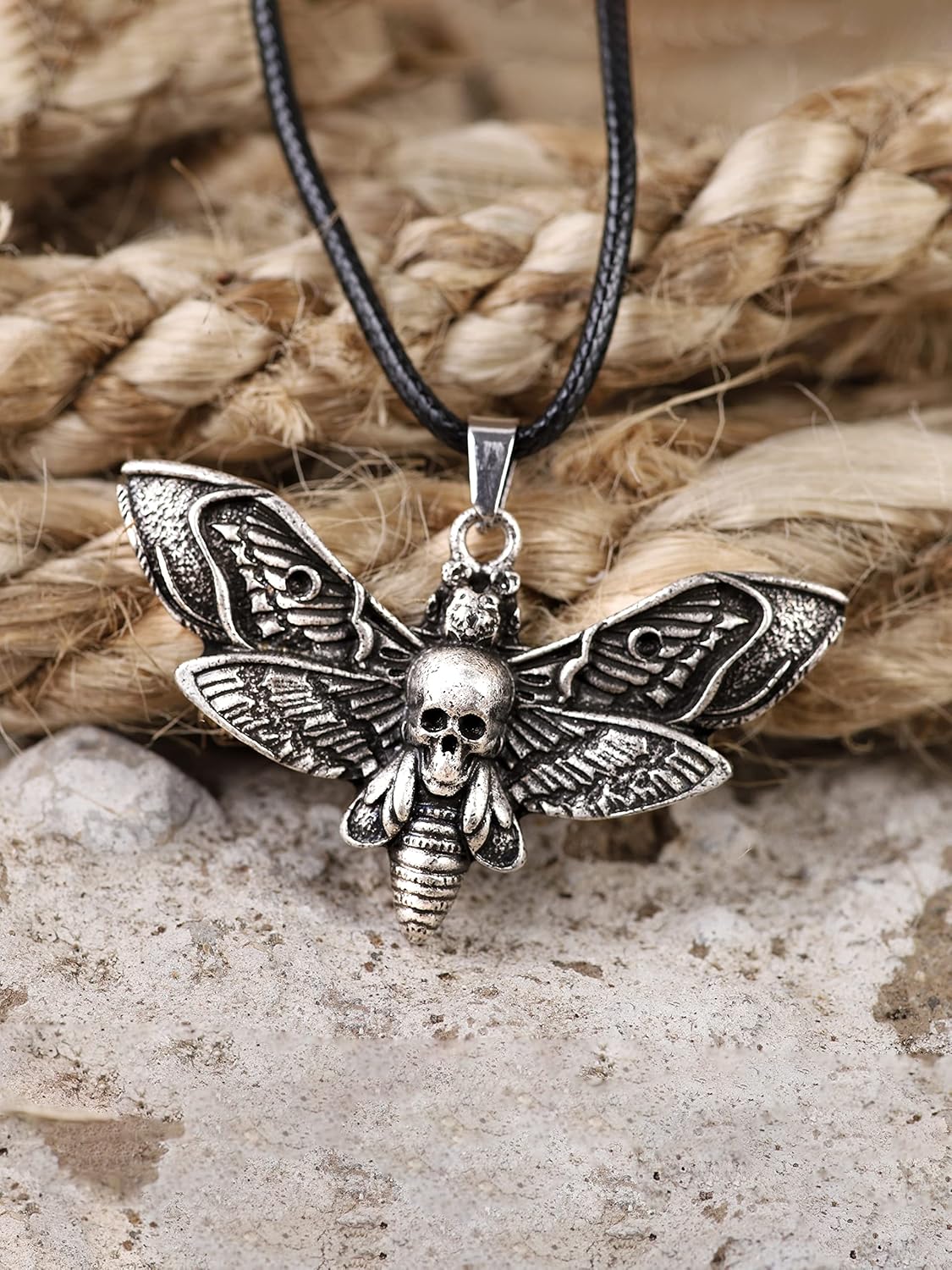 HAQUIL Skull Necklace, Death's-Head Hawkmoth Pendant, Faux Leather Cord, Jewelry Gift (Style 2) (AD) - Image 6