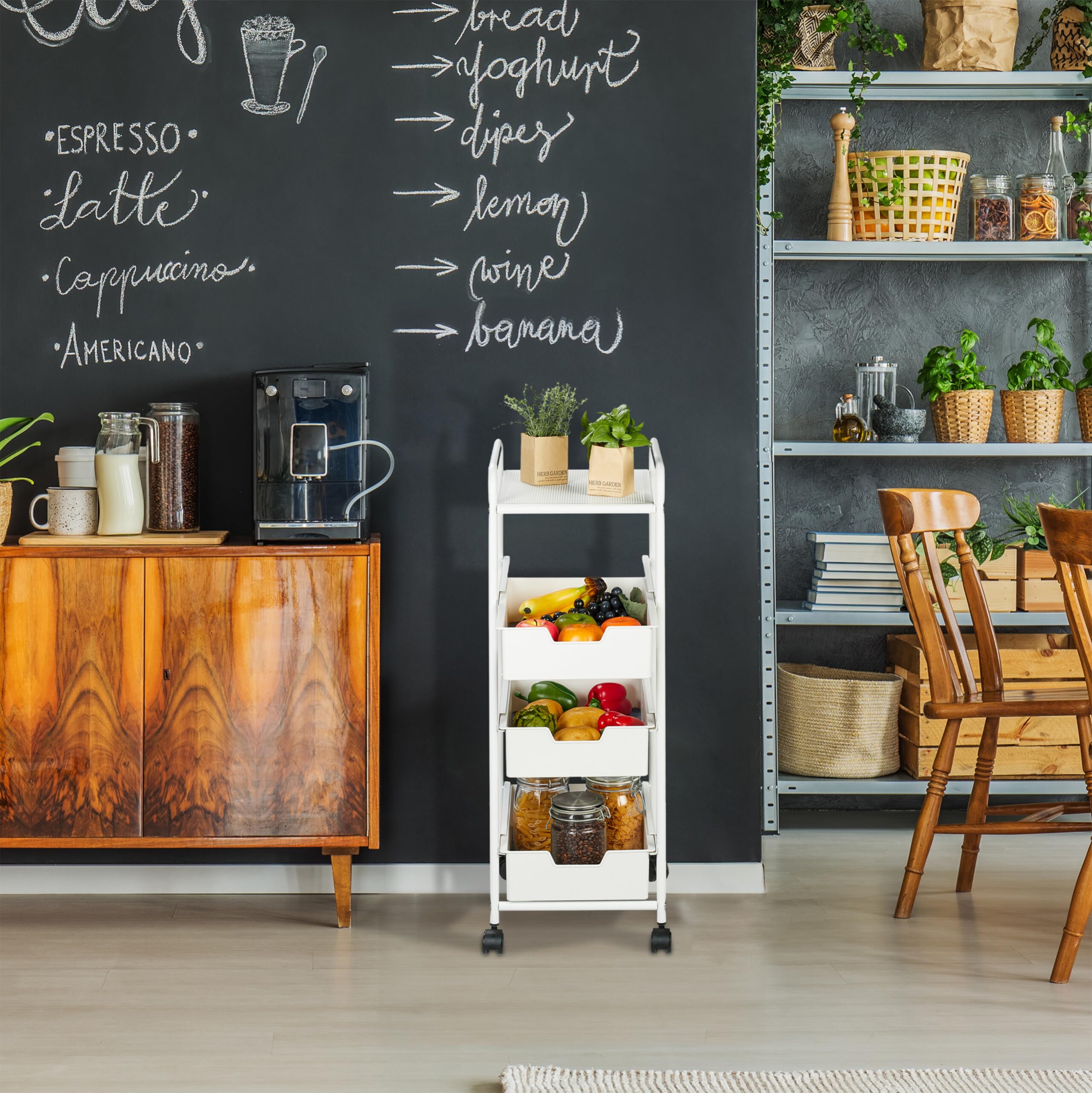 Relaxdays Carrito Auxiliar, 3 Niveles y Balda, Multiusos Cocina y Oficina, Camarera 85,5x32,5x40 cm, Plástico, Blanco