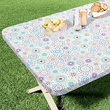 homing Rectangle Printed Fabric Tablecloth, Elastic Fitted Table Cloth for 6 Foot Tables, Washable Polyester Table Cover for Outdoor, Picnic, Camping and Indoor Geometric Medallion, 30" x 72"