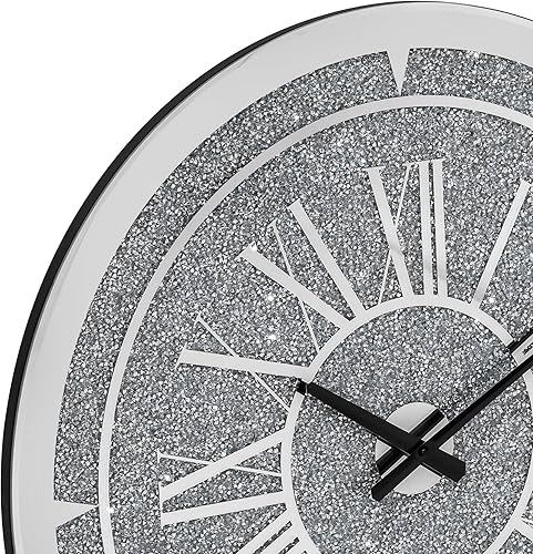 Miniatura 5 de SHYFOY Reloj de pared de diamante triturado, reloj de pared redondo de lujo de 24 pulgadas con cristal de espejo, números romanos elegantes,