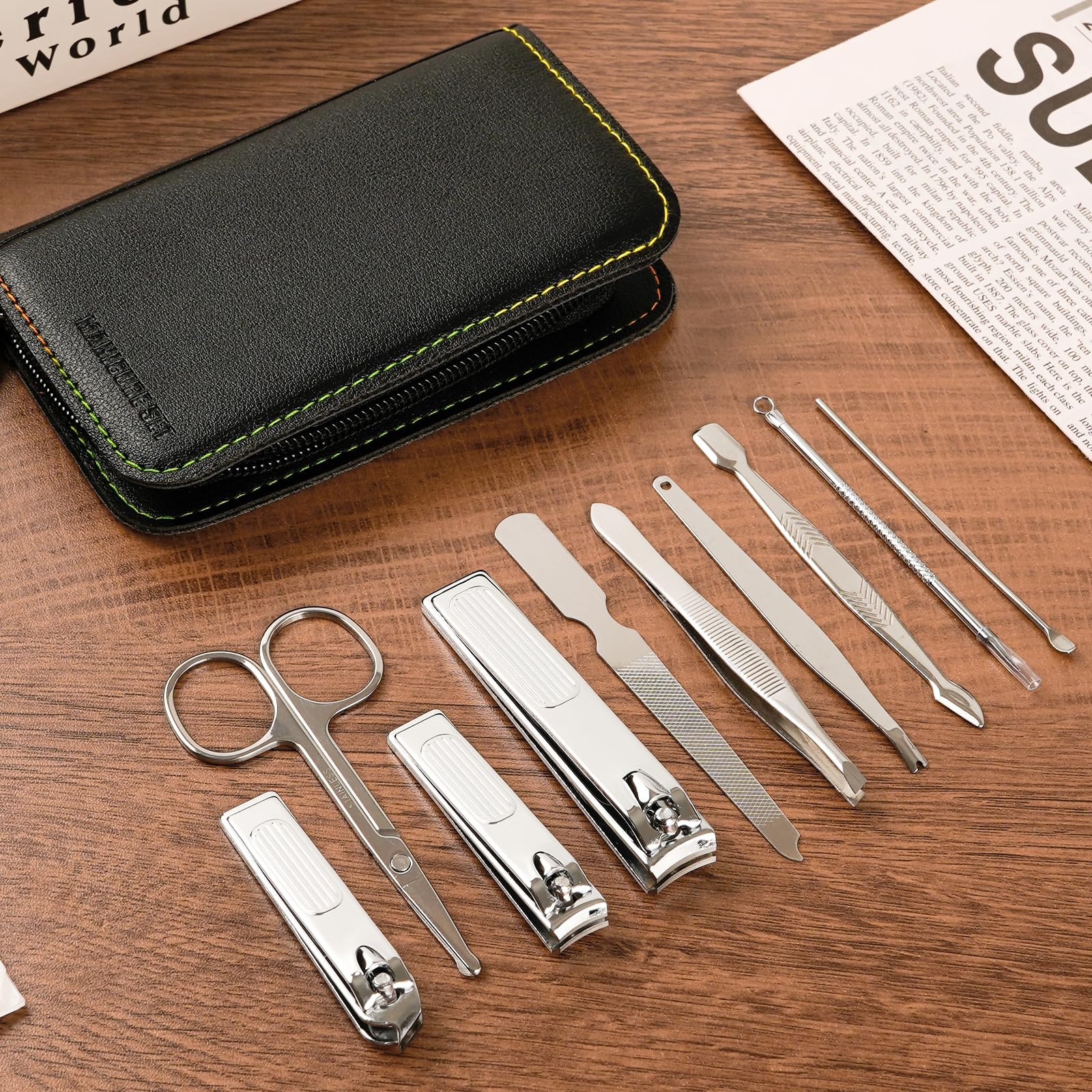 Juego de cortaúñas de acero inoxidable de alta calidad, kit de aseo de viaje, 10 herramientas de manicura/pedicura con estuche de poliuretano, ideas de regalo (C-Negro) 2