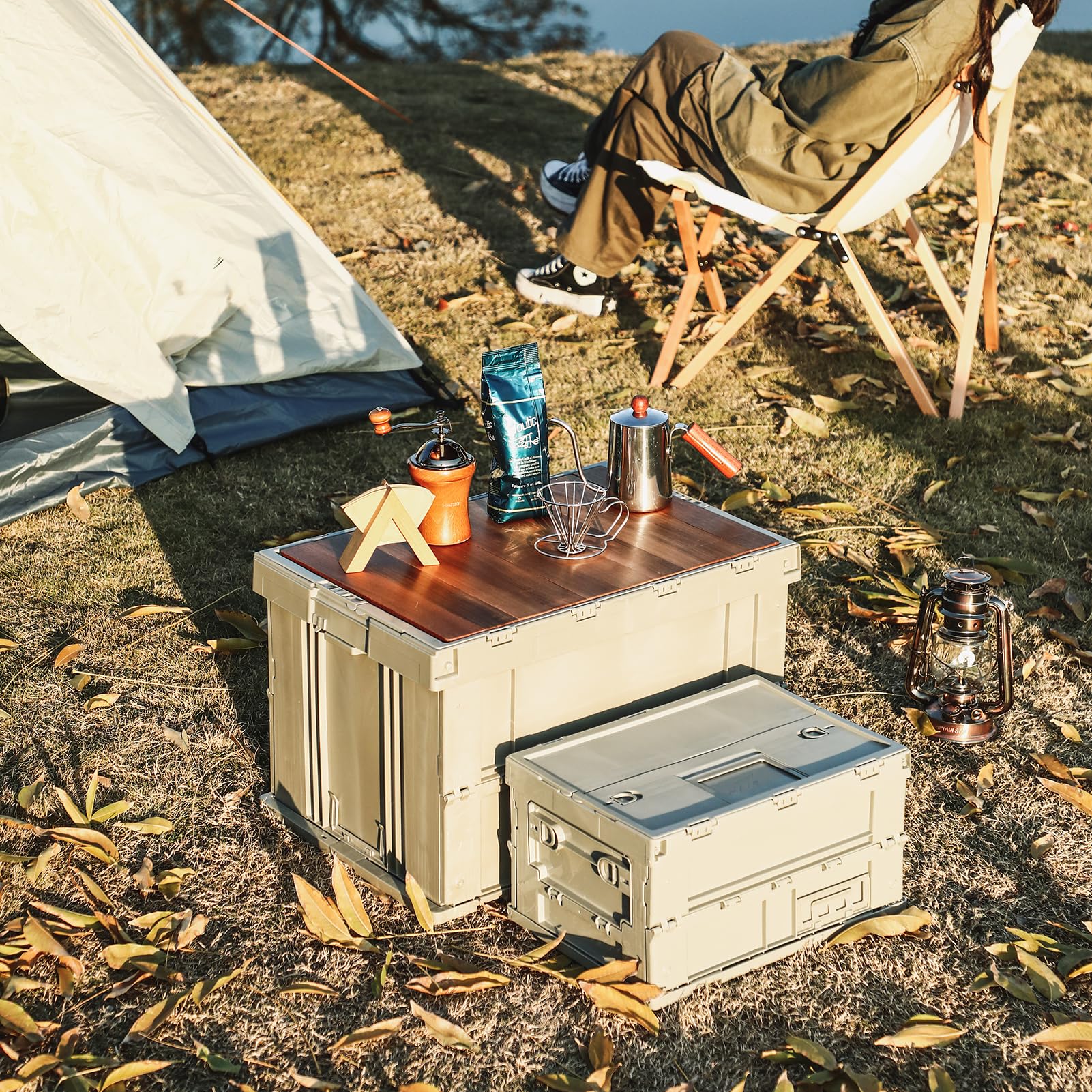 SHIMOYAMA Box Pieghevole Da Campeggio 75L Con Tavola In Legno - Contenitore In Plastica Con Coperchio, Organizer Per Picnic E Auto, Verde Celadon - 2