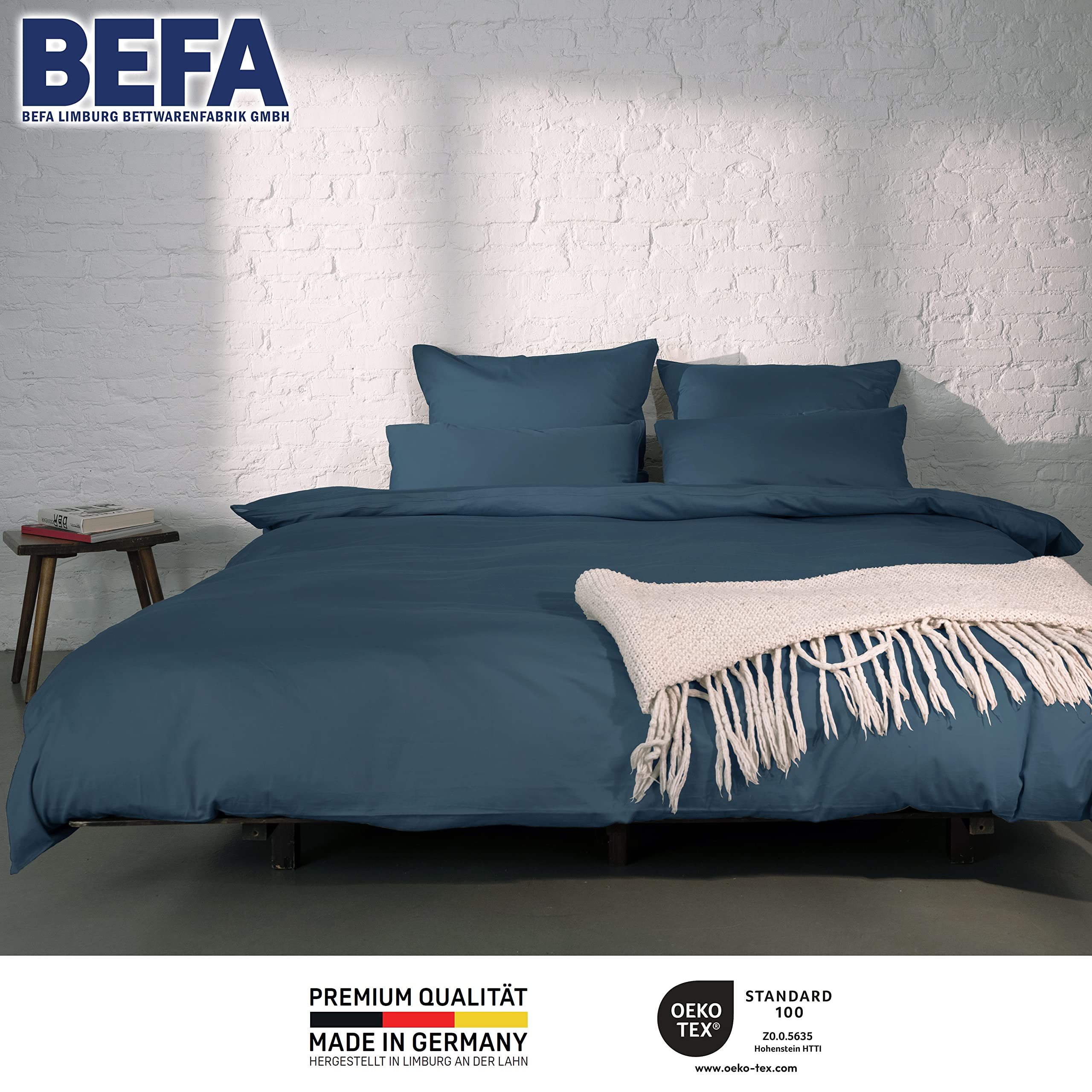 BEFA NATUR Made in Germany Bettwäsche Set, Bettbezug 155x220 cm und Kissenbezug 80x80 cm aus Baumwolle-Satin, Allergiker geeignet, Öko-Text 100 Klasse 1 Zertifiziert - Dunkelblau