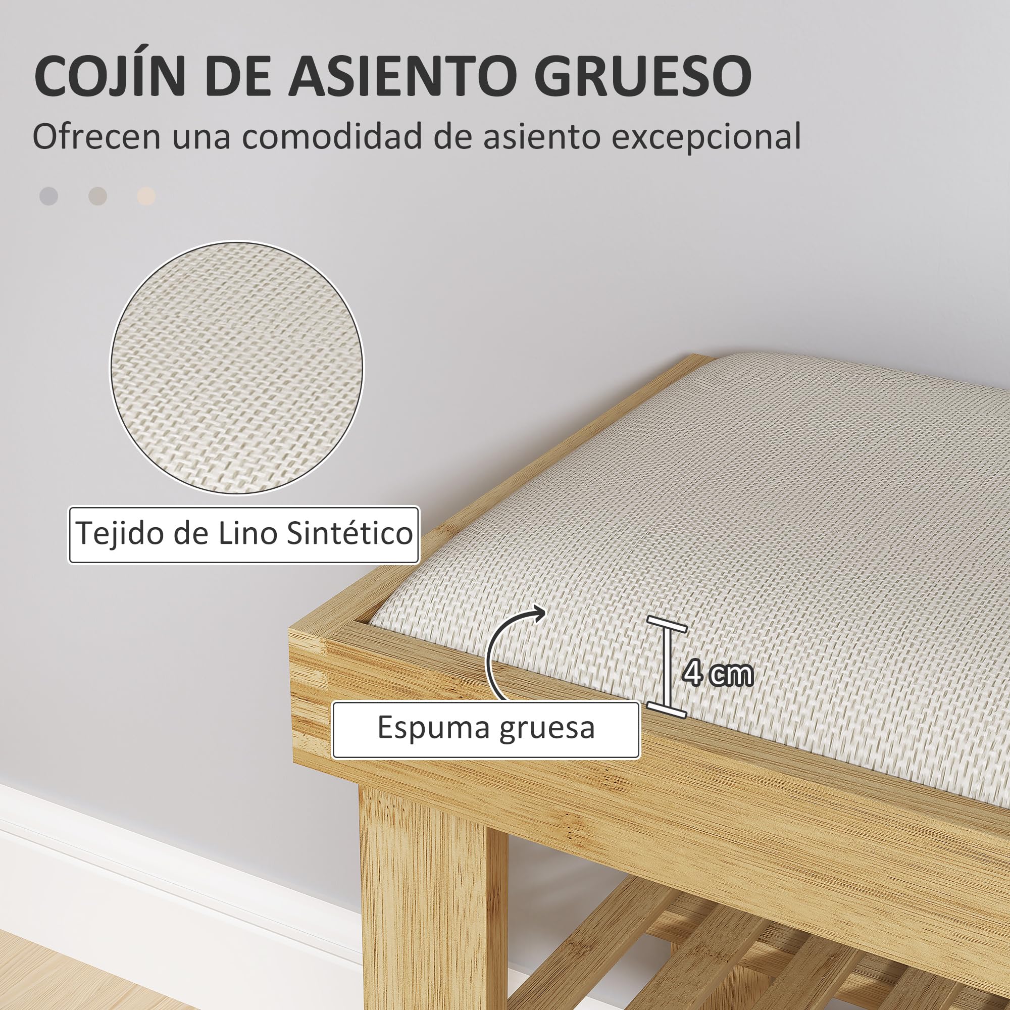 HOMCOM Banco Zapatero de Bambú con Asiento 60x29x49 cm Natural y Crema
