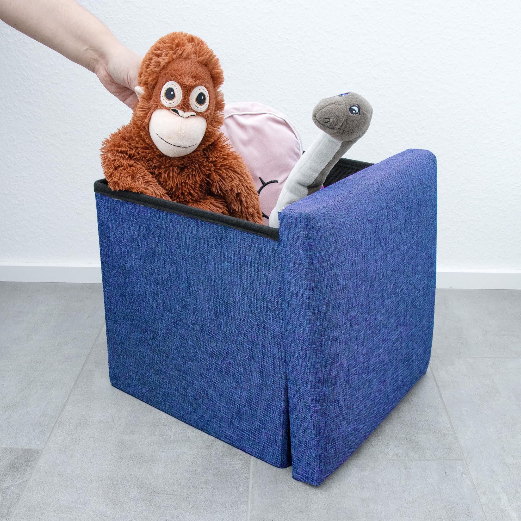 INTIRILIFE Puff Baúl Plegable 38x38x38 cm in Azul MAR - Taburete Almacenaje Tapizado de Textil Tela Óptica Lino per Almacenamiento y Reposapiés - Asiento Silla Tejido Banqueto