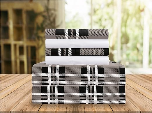 Elegant Comfort Luxury Soft Bed Sheets Plaid Pattern - 1500 Premium Hotel Quality Microfiber Softness Wrinkle and Fade Resistant (4-Piece) Bedding Set, Twin/Twin XL, Grey
