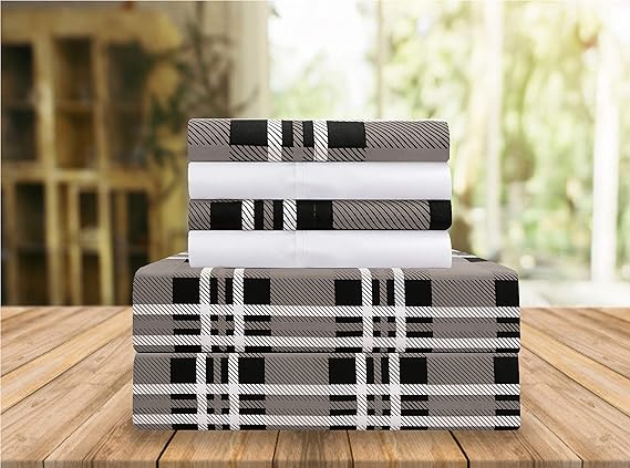 Elegant Comfort Luxury Soft Bed Sheets Plaid Pattern - 1500 Premium Hotel Quality Microfiber Softness Wrinkle and Fade Resistant (4-Piece) Bedding Set, Twin/Twin XL, Grey