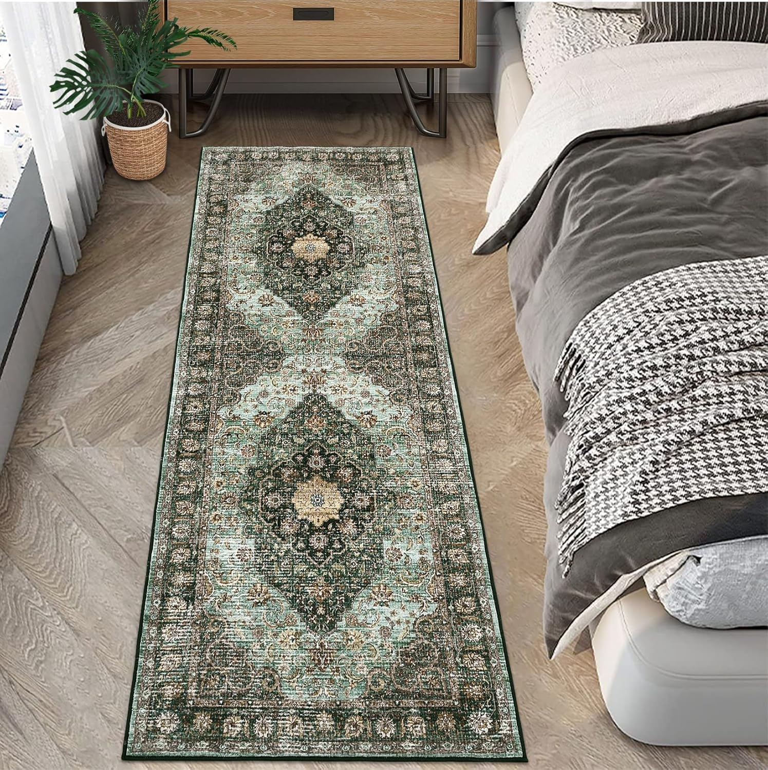 Green Floral 2' x 6' Washable Non-Slip Runner Rug