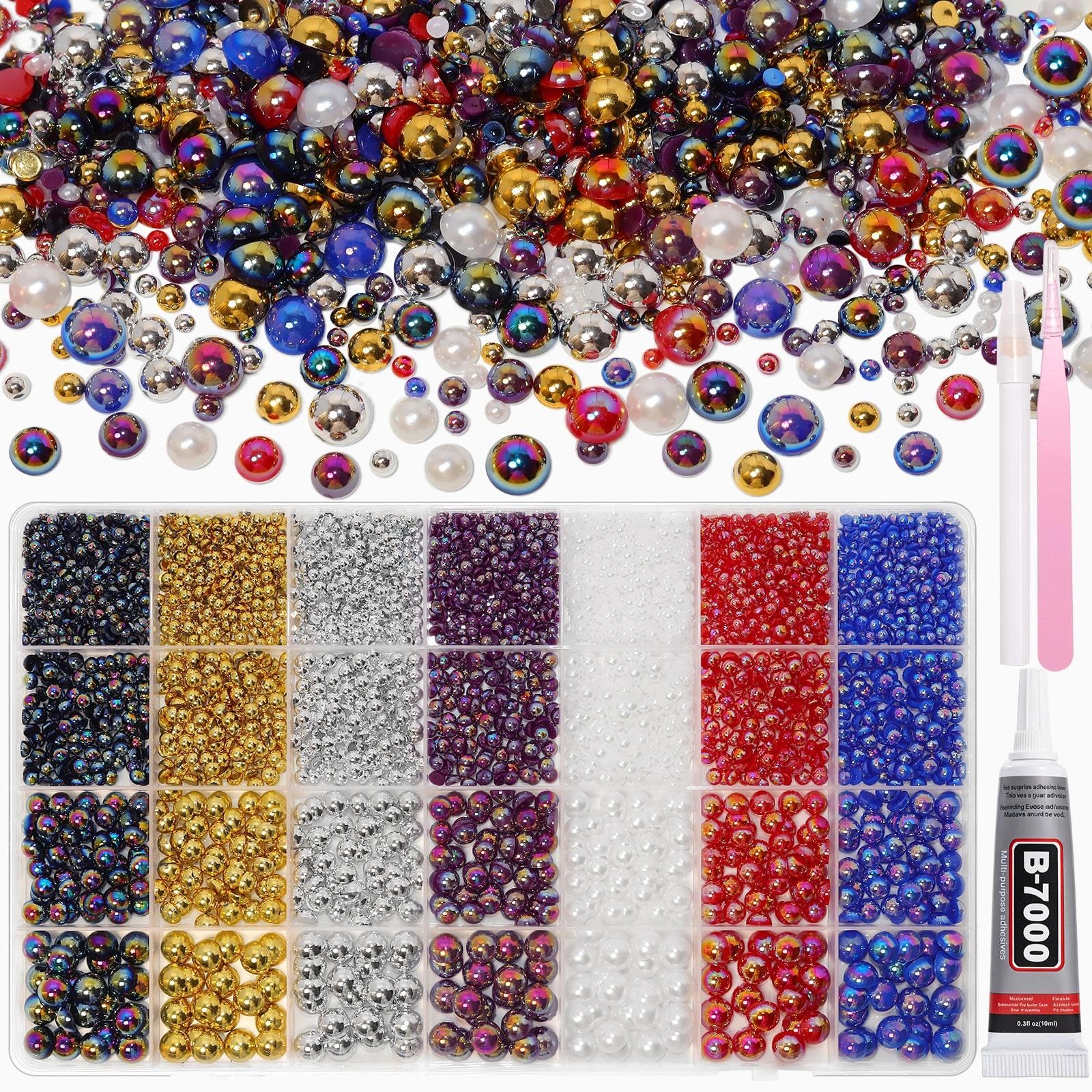 28 Types Color Half Pearls 3-8mm, Gold Silver Flatback Pearls for Crafting