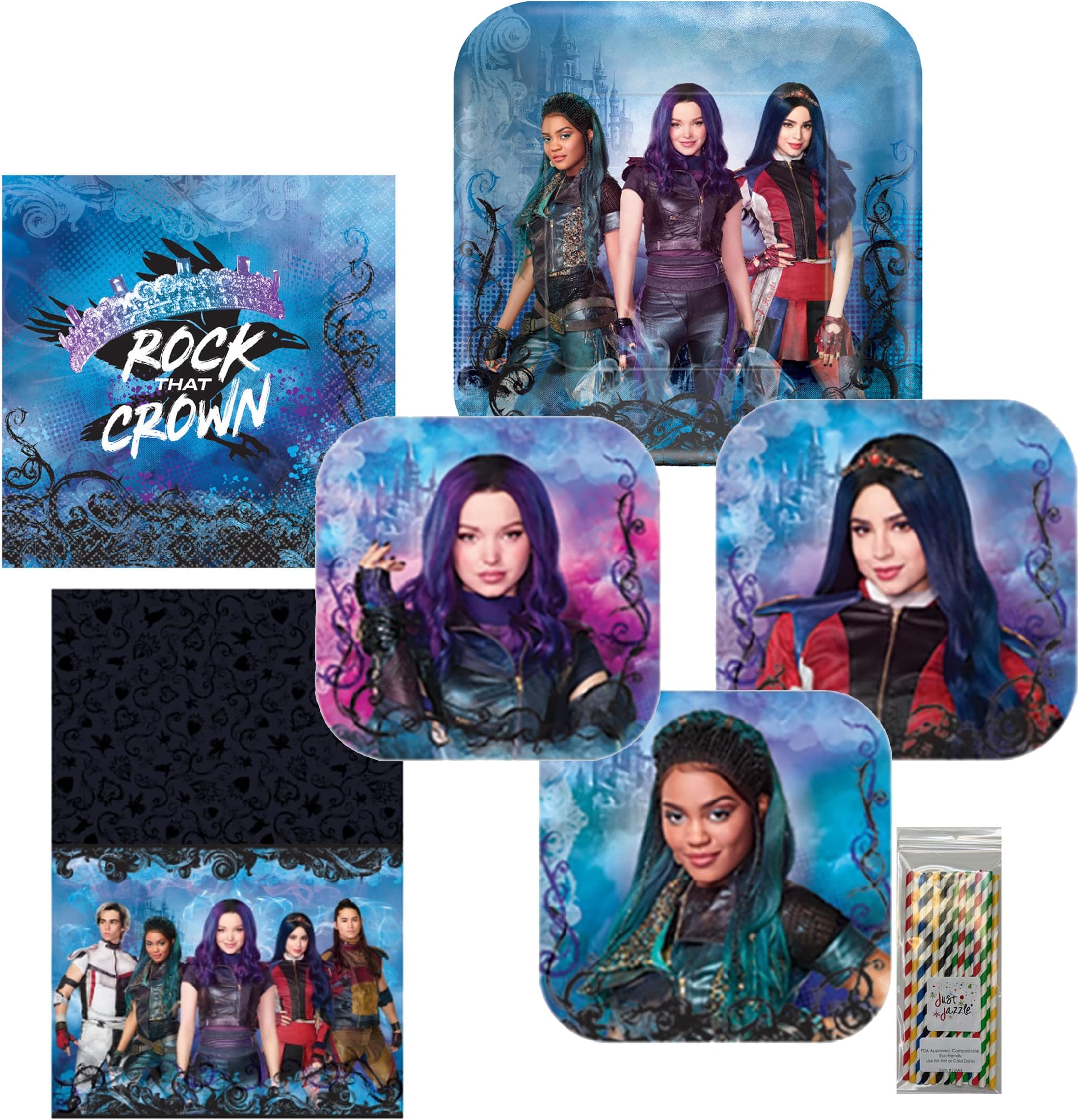 Amscan Disney Descendants 3 Birthday Party Tableware Kit Napkins, Plates, Tablecover Bundle, 16 Guests