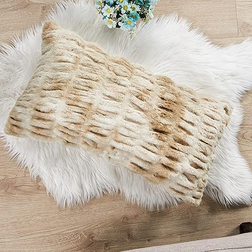 Miniatura 5 de BYTIDE Juego de 2 fundas de almohada cuadradas de piel sintética fruncida con respaldo de microvisón, funda de cojín suave de felpa de lujo para