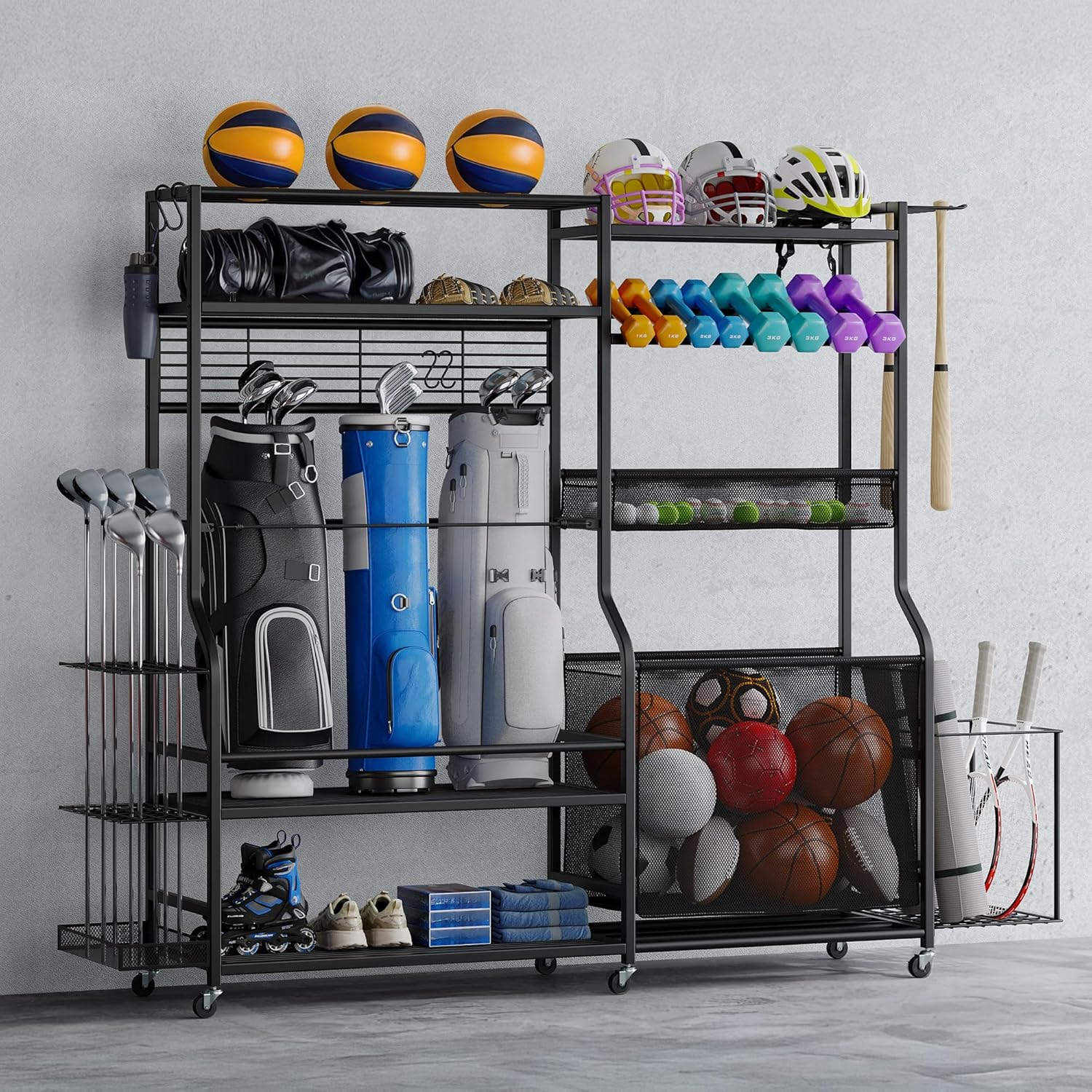 DWVO Sports Equipment Organizer, 3 Golf Bags Storage Stand with Wheels, Sport Gear Accessories Rack and Ball Organizer Bin for Garage