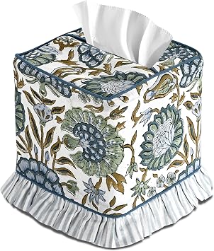 Ridhi Asparagus Green Hand Block Print Ruffle Tissue Box Cover Cotton