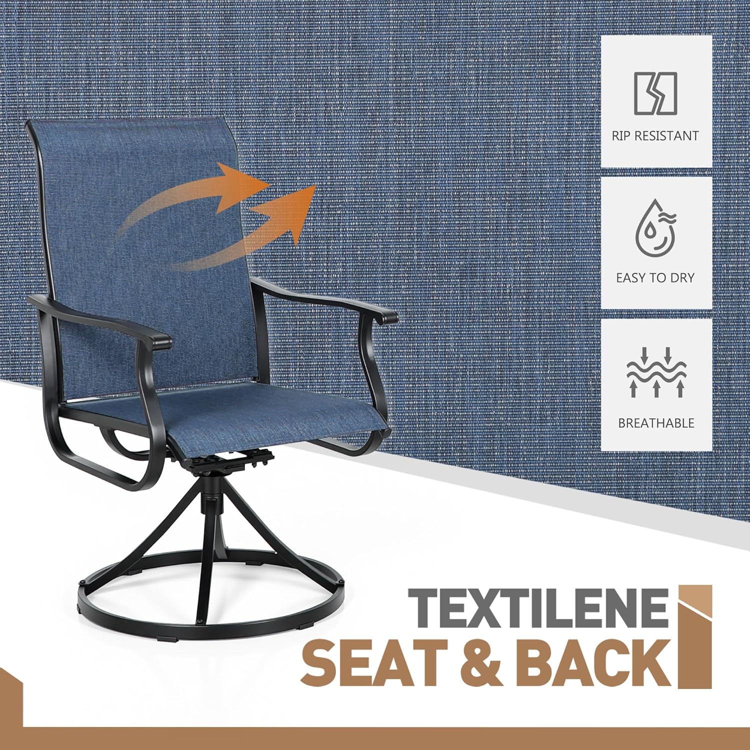 SUNCROWN Patio Swivel Rocker Dining Chairs Set of 4, All Weather High Back Textilene Outdoor Chairs with Sturdy Metal Frame, Swivel Rocking Patio Chairs for Backyard Lawn Garden Porch Deck, Blue