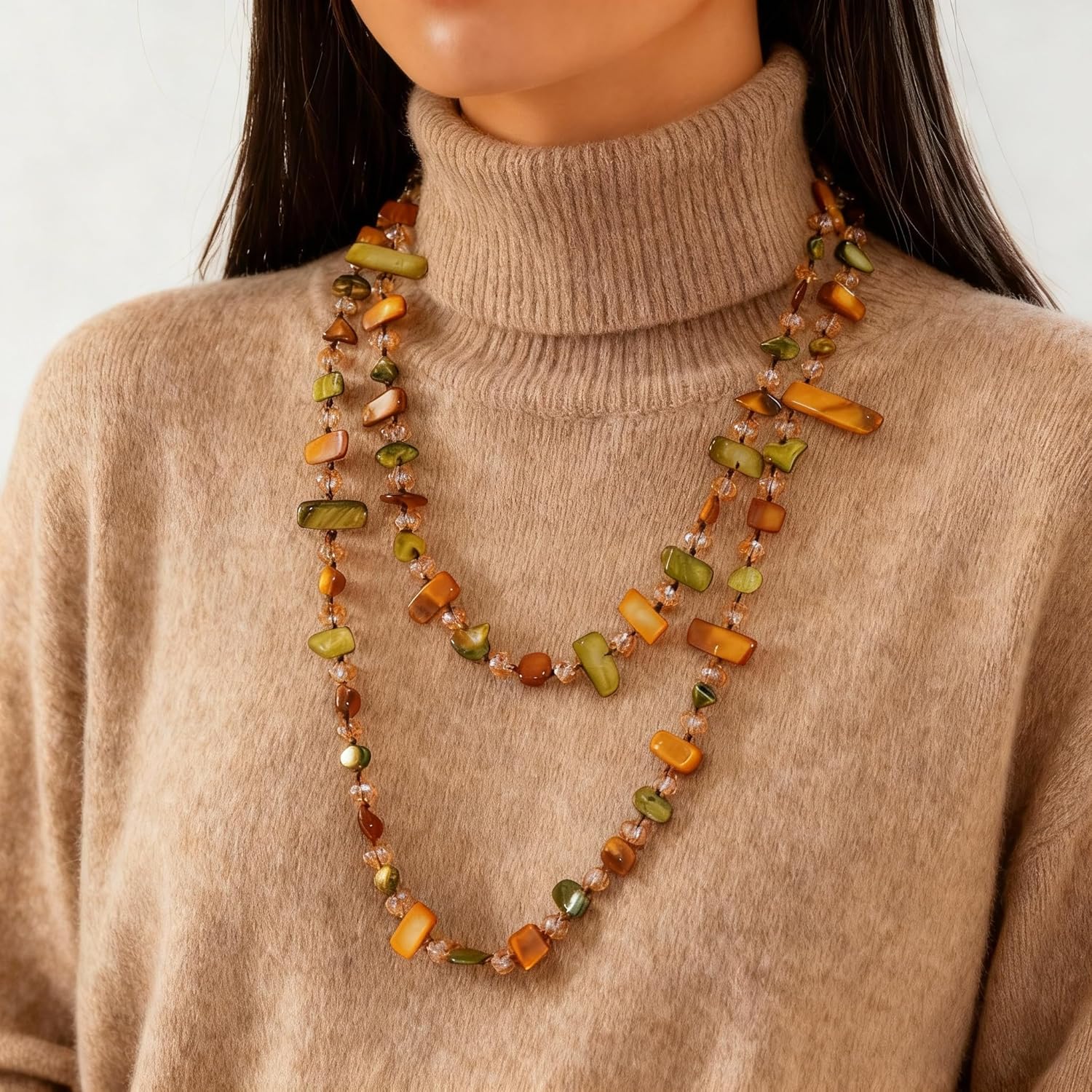 Gmai Colorful Bead Long Necklace for Women Boho Handmade Irregular Natural Shell jade Glass Beads Vintage Chunky Layered Sweater Chain Accessory Statement Jewelry - Image 4