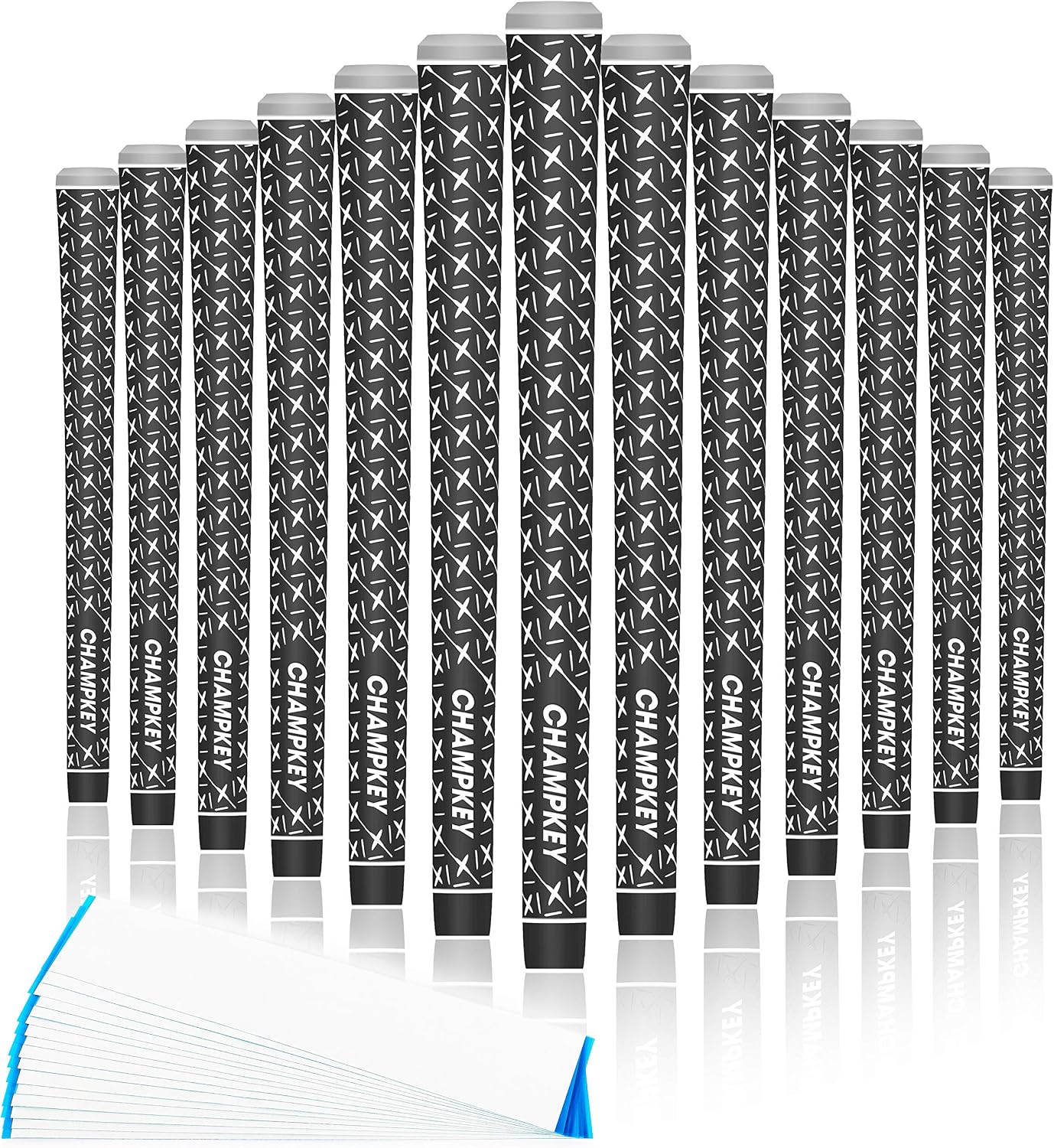 Champkey X Rubber Golf Grips Set of 13 (5 Oz Solvent,Hook Blade,15 Tapes & Vise Clamp Available)-Choose Between 13 Grips & All Repair Kits and 13 Grips & 15 Tapes(Black,Midsize)