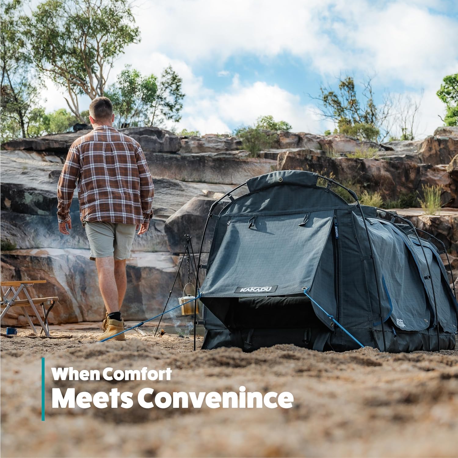 Kakadu Canvas Swag Tent, 1 Person, Australian Polycotton Camping Ground Tent, All Seasons, Waterproof, with 2.75” Foam Mattress, LED Lighting, Carry Bag