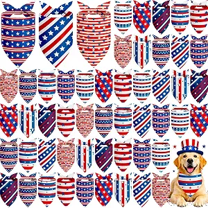 Weewooday 50 Pcs 4th of July Dog Bandanas Bulk Patriotic Red White and Blue Star and Striped Designs