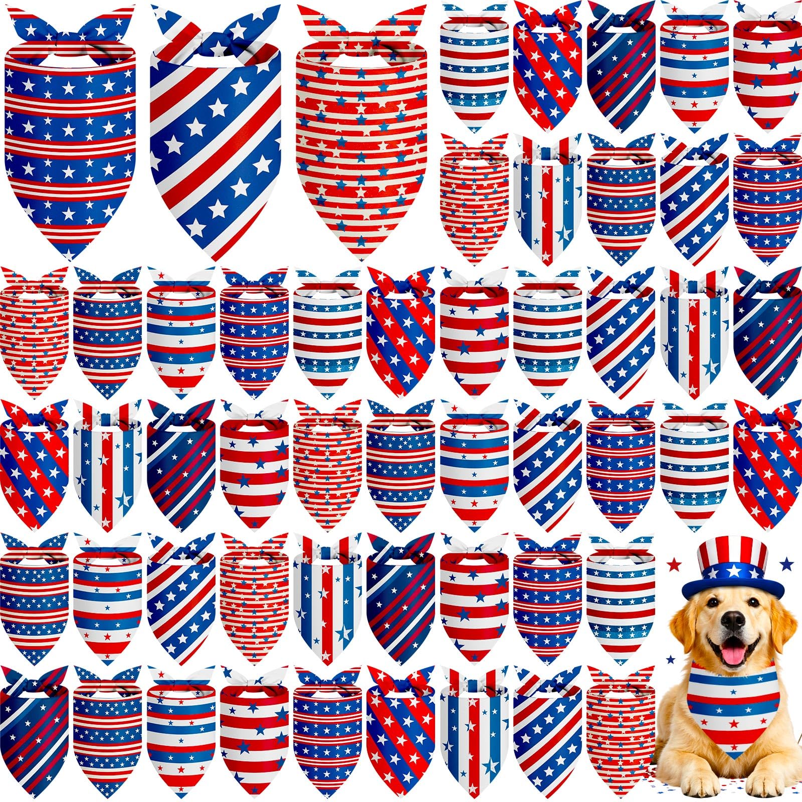Weewooday 50 Pcs 4th of July Dog Bandanas Bulk for Patriotic American Striped Star Red White and Blue Independence Day Flag Scarf for Small Medium Large Outfit(Striped Star, 31.5 x 21.7 X21.7 Inch) — image 1
