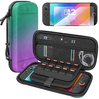 Honghao Switch Case for Nintendo 2, Screen Protectors for Nintendo Switch 2 2025, Travel Carrying Game Protective Case for Nintendo Switch 2 Accessories, Large & Hard Purple Green