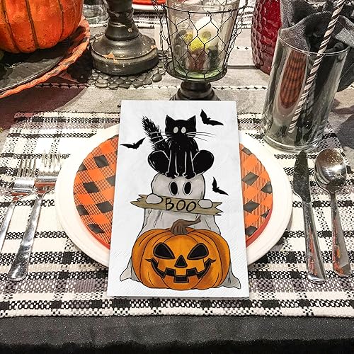 Miniatura 4 de AnyDesign 80 servilletas de Halloween para invitados, vintage, boo, fantasma, gato negro, calabaza, murciélago, servilletas de papel, servilletas de