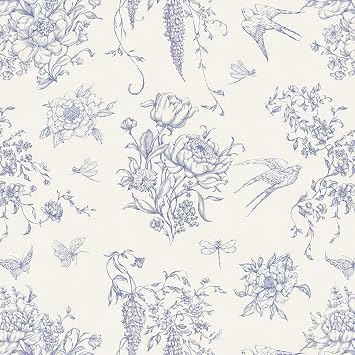 Froluya Floral Peel and Stick Wallpaper Vintage Contact Paper 16.9"x 118.1" Cream White and Blue Wallpaper Peel and Stick Floral Birds Self Adhesive Removable Wall Paper for Bedroom Bathroom Vinyl