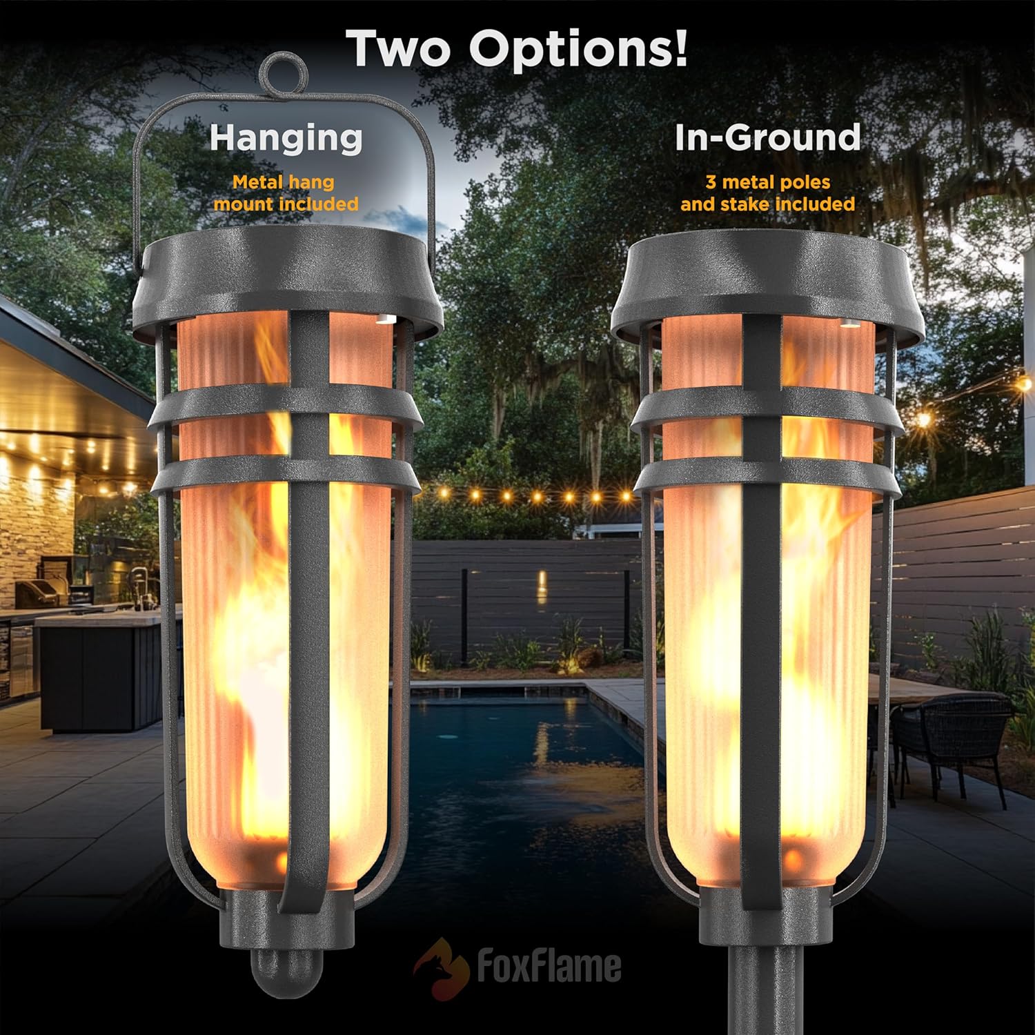 FoxFlame Metal Solar Torch Lights-Adjustable Height (24"-50"), Outdoor Garden Decor with Patented LED, Waterproof Solar Tiki Torches for Yard,Patio,Garden Pathway,Matte Black–2 Pack