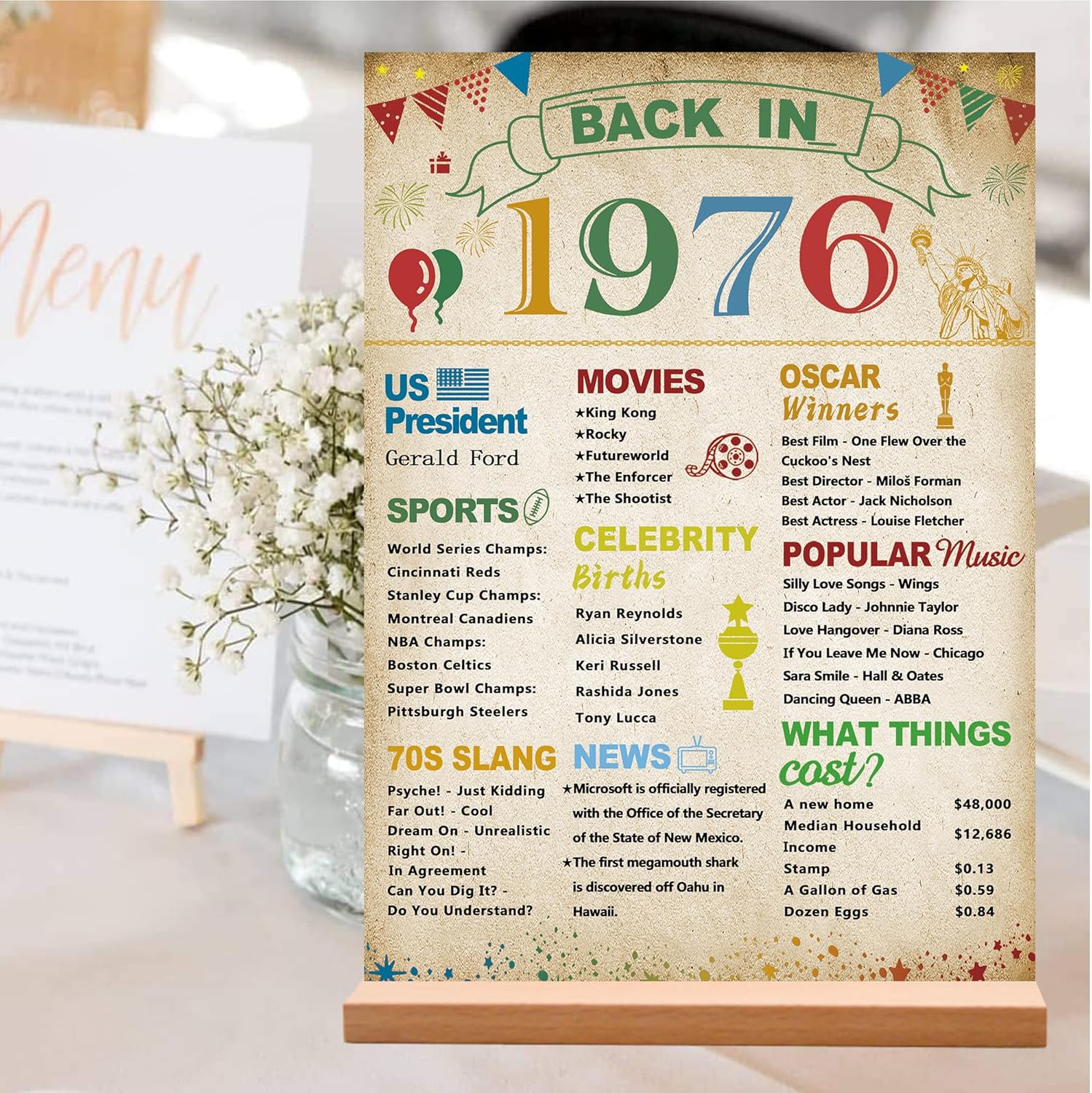 DARUNAXY 50th Birthday Party Decorations, Colorful Back in 1976 Poster Acrylic Sign with Stand 50 Years Old Party Supplies for Men & Women Vintage 1976 Table Decor 50th Anniversary Class Reunion Gifts - Image 5