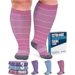 Doctor\'s Select 3 Pairs Plus Size Compression Socks Wide Calf - Up to 6XL | 20-30 mmHg Plus Size Wide Calf Socks | Blue, Pink, Purple (Stripes)